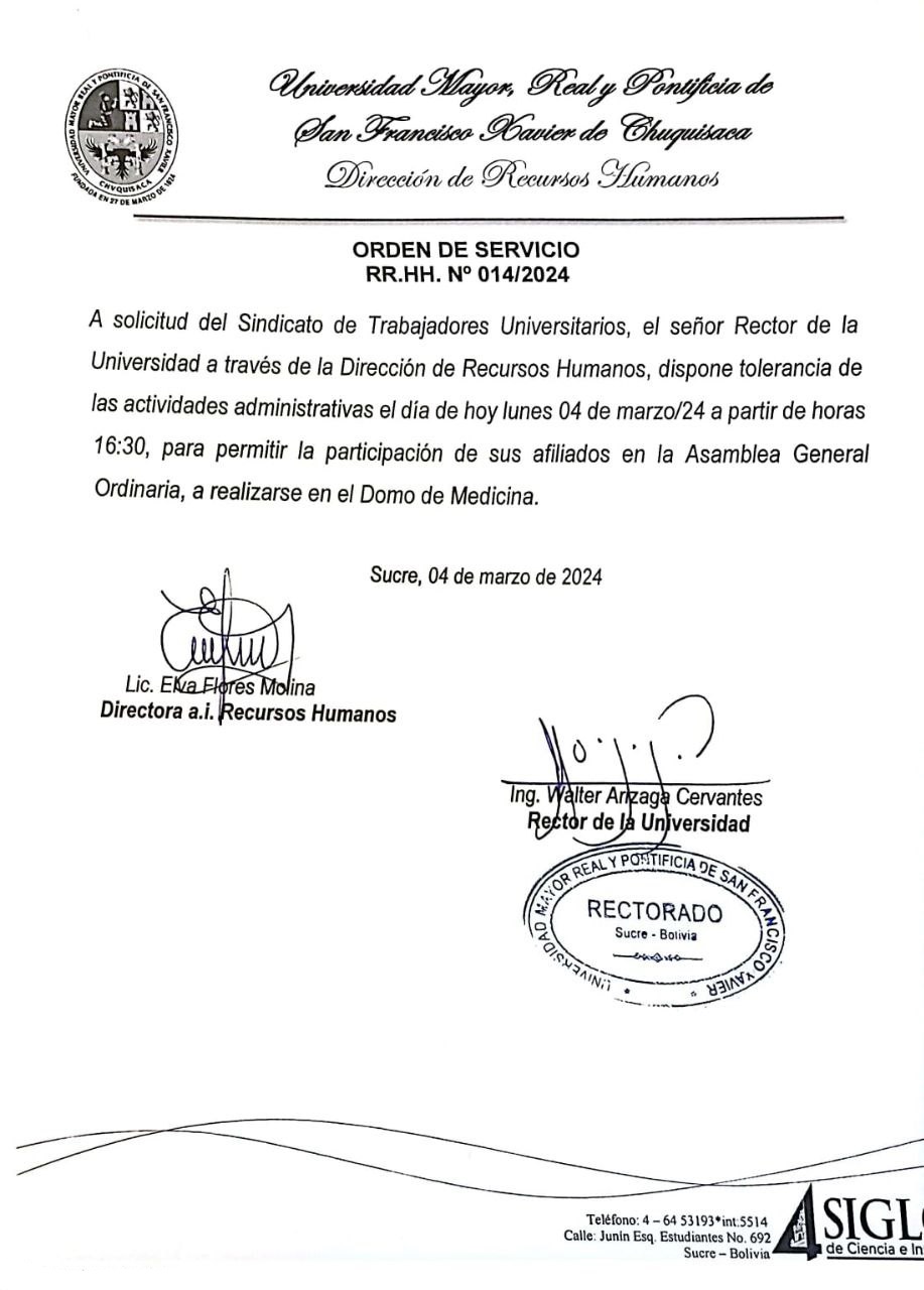 ORDEN DE SERVICIO RR.HH. Nº 014/2024, TOLERANCIA DE ACTIVIDADES ADMINISTRATIVAS ASAMBLEA STUSFX.
