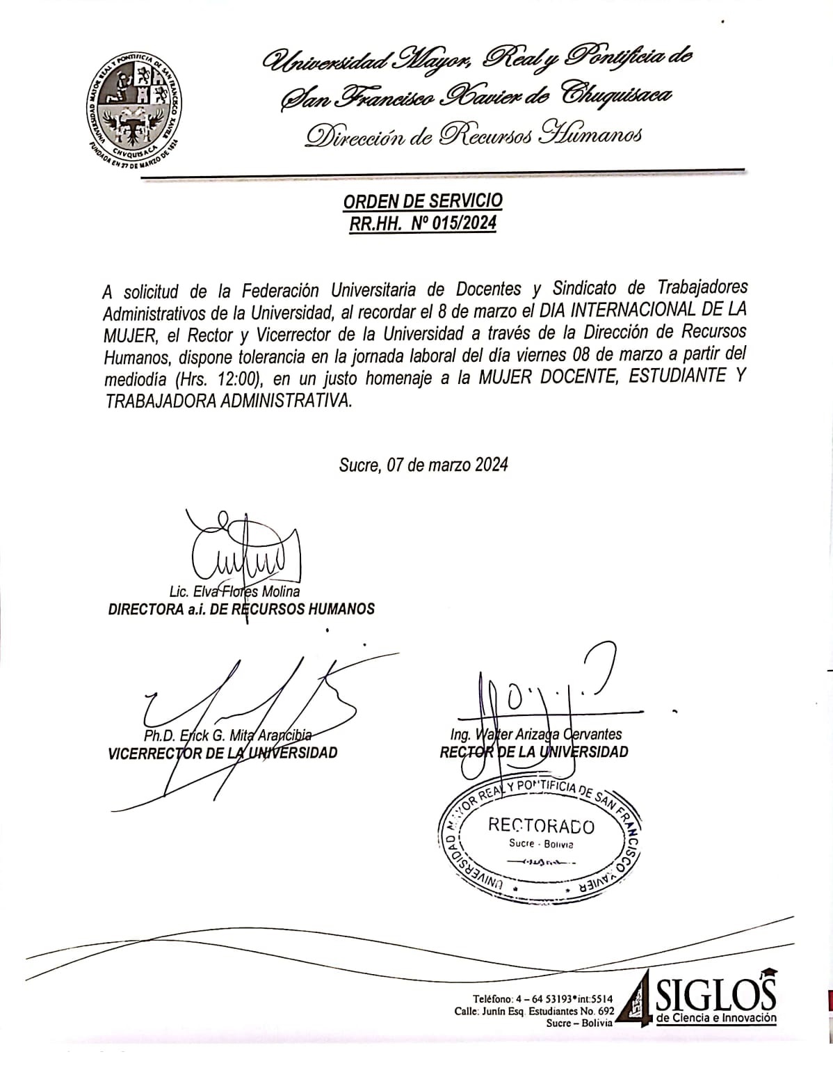ORDEN DE SERVICIO RR.HH. Nº 015/2024, TOLERANCIA DÍA INTERNACIONAL DE LA MUJER.