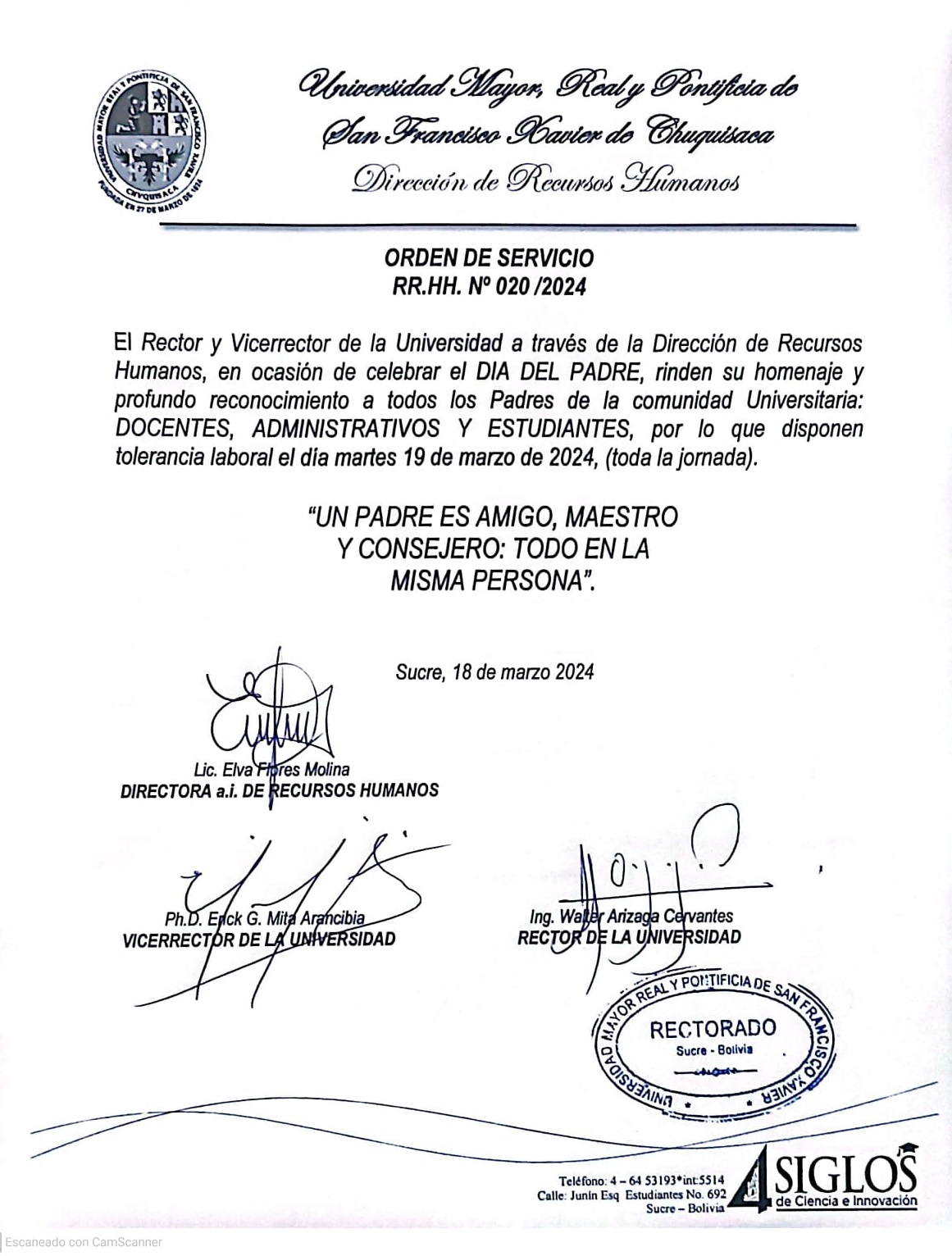ORDEN DE SERVICIO RR.HH. Nº 020/2024, TOLERANCIA DÍA DEL PADRE.