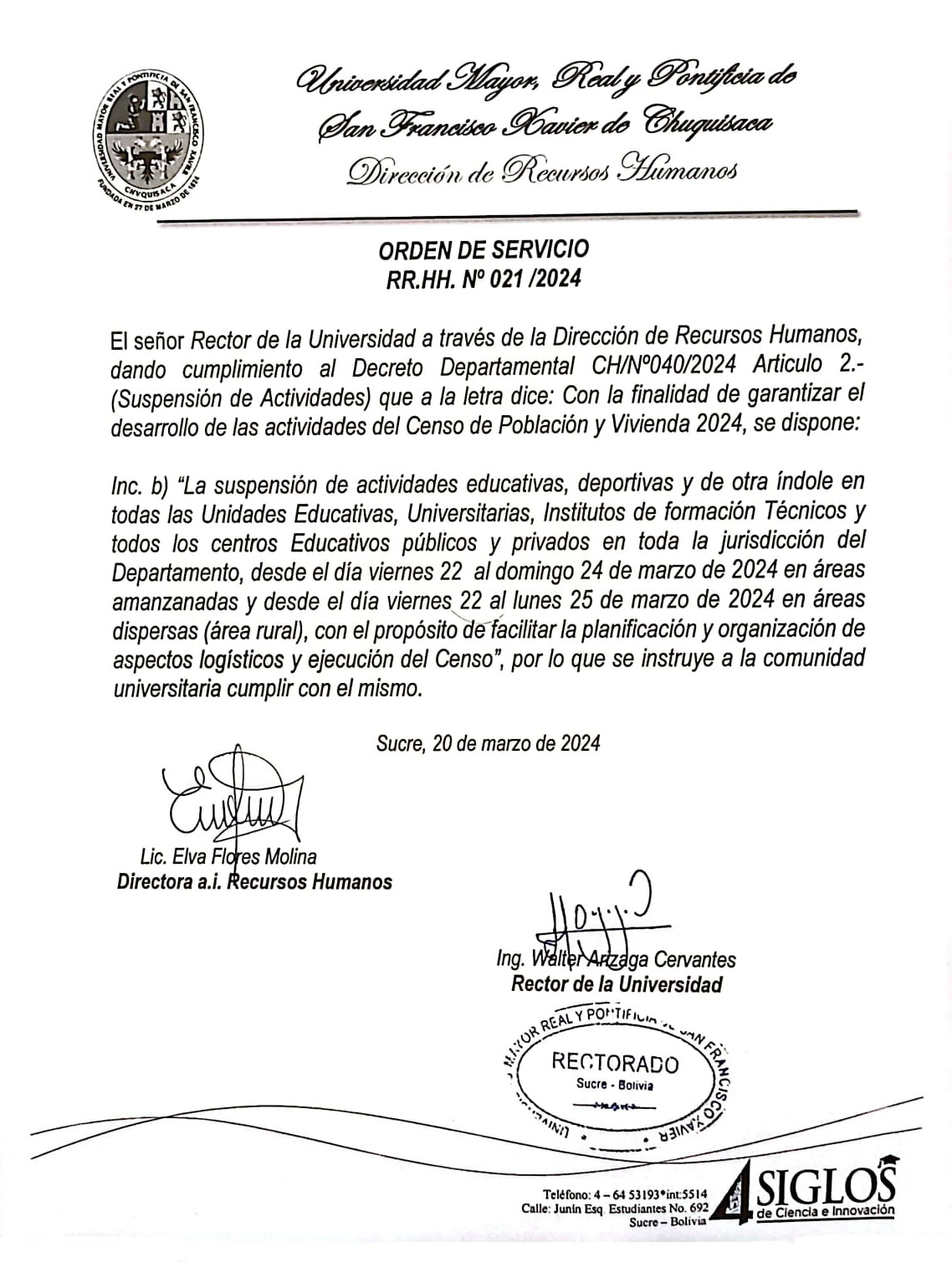 ORDEN DE SERVICIO RR.HH. Nº 021/2024, GARANTIZAR LAS ACTIVIDADES DEL CENSO 2024.