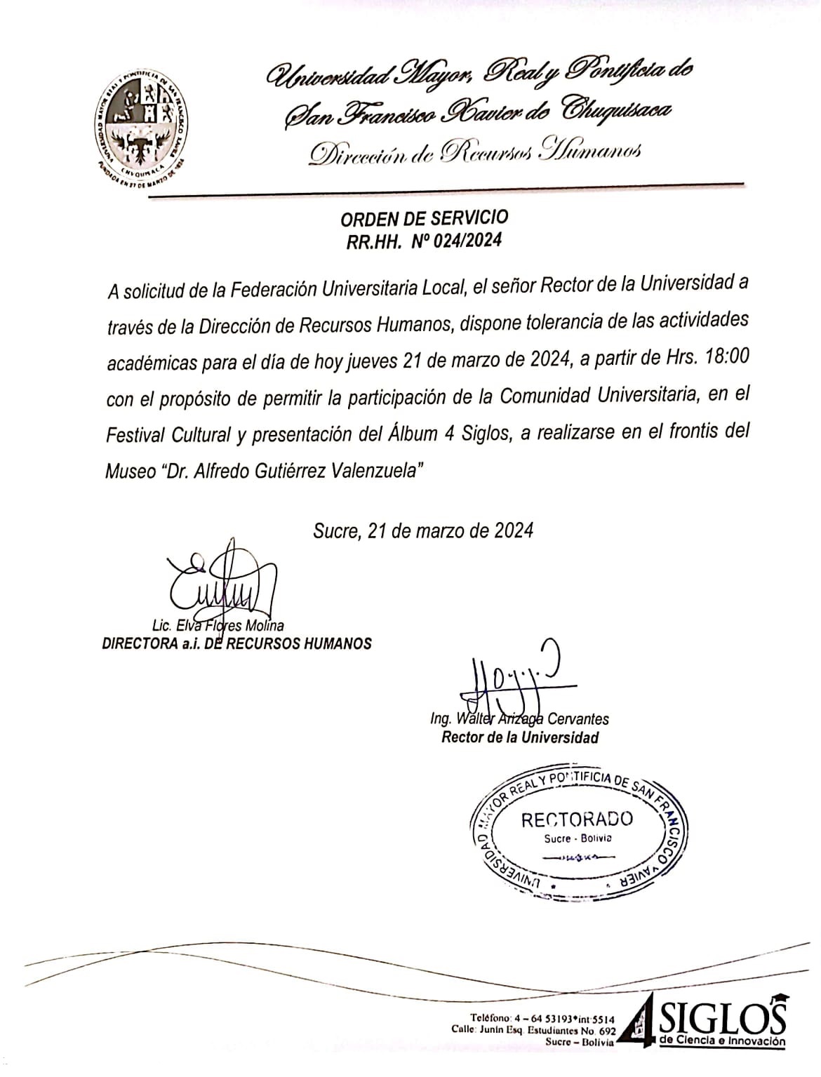 ORDEN DE SERVICIO RR.HH. Nº 024/2024, TOLERANCIA ACTIVIDADES ACADÉMICAS ASISTENCIA AL FESTIVAL CULTURAL.