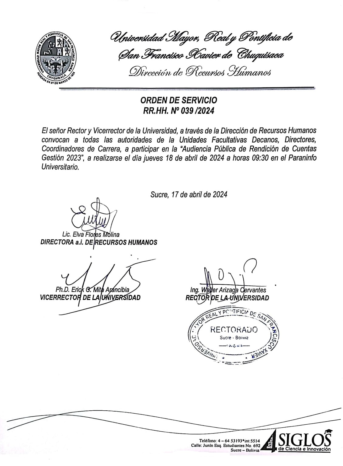ORDEN DE SERVICIO RR.HH. Nº 039/2024, AUDIENCIA PUBLICA DE RENDICIÓN DE CUENTAS GESTIÓN 2023