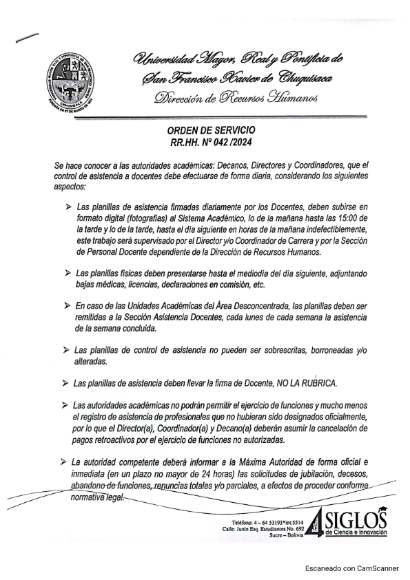 ORDEN DE SERVICIO RR.HH. 042-2024 CONTROL DE ASISTENCIA DOCENTE