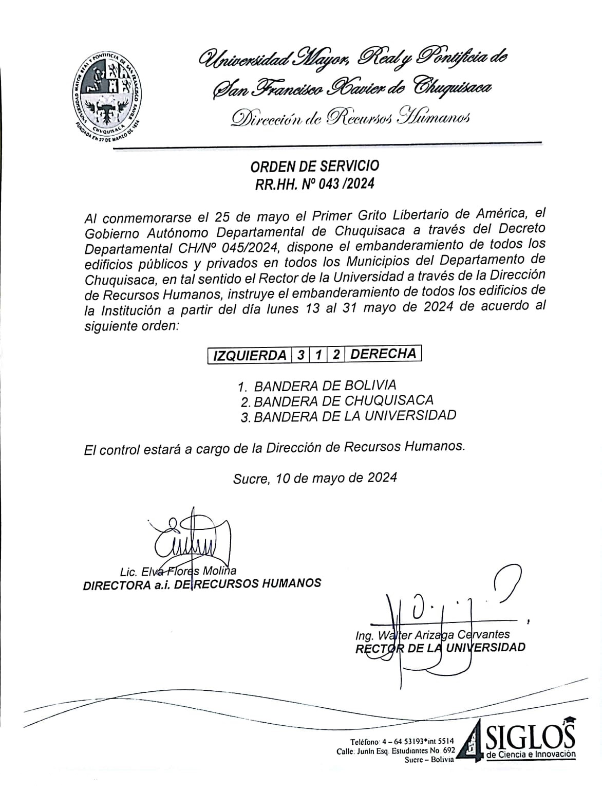 ORDEN DE SERVICIO RR.HH. Nº 041/2024, EMBANDERAMIENTO DE EDIFICIOS PÚBLICOS Y PRIVADOS.