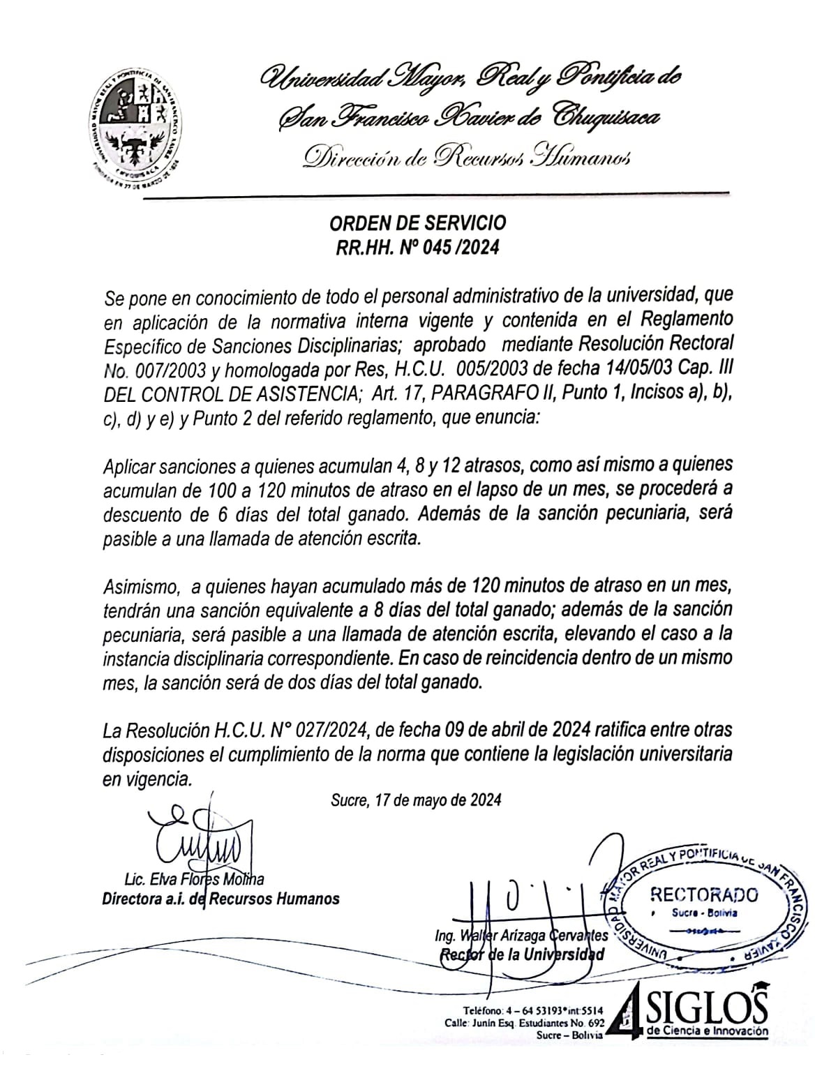 ORDEN DE SERVICIO RR.HH. Nº 045/2024, REGLAMENTO ESPECIFICO DE SANCIONES DISCIPLINARIAS.