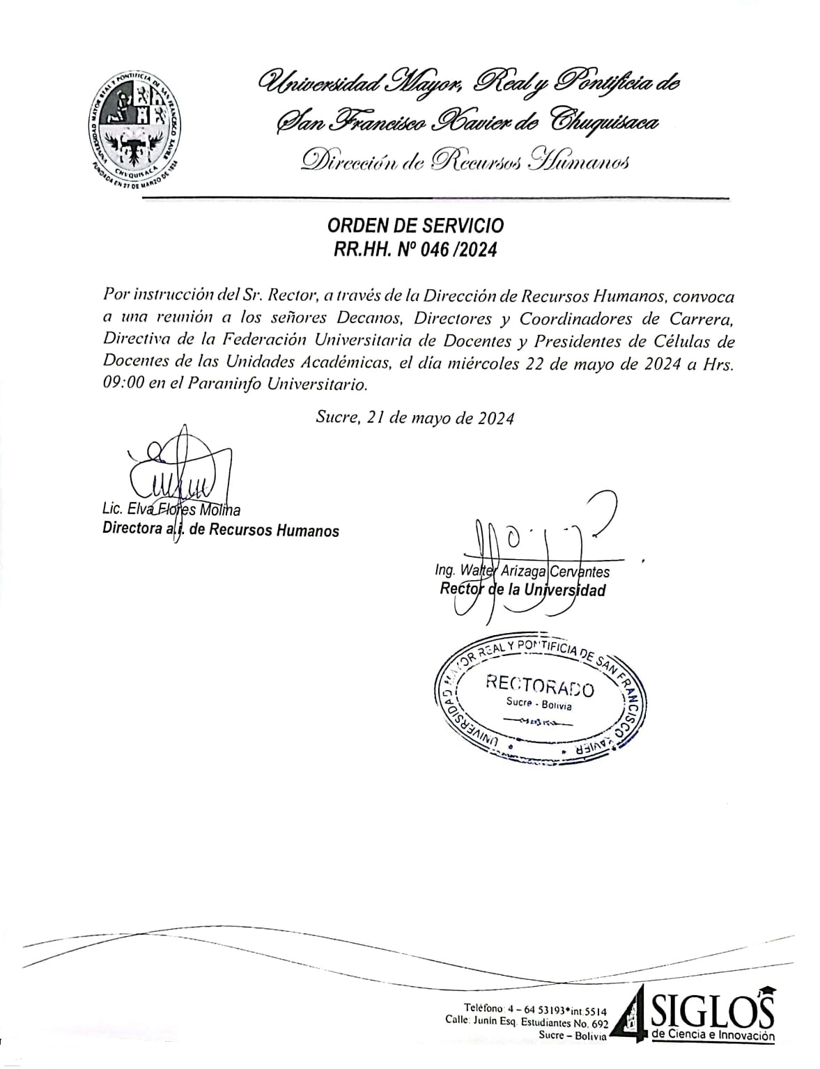 ORDEN DE SERVICIO RR.HH. Nº 046/2024, REUNIÓN CON AUTORIDADES, FUD Y PRESIDENTES DE CÉLULA.