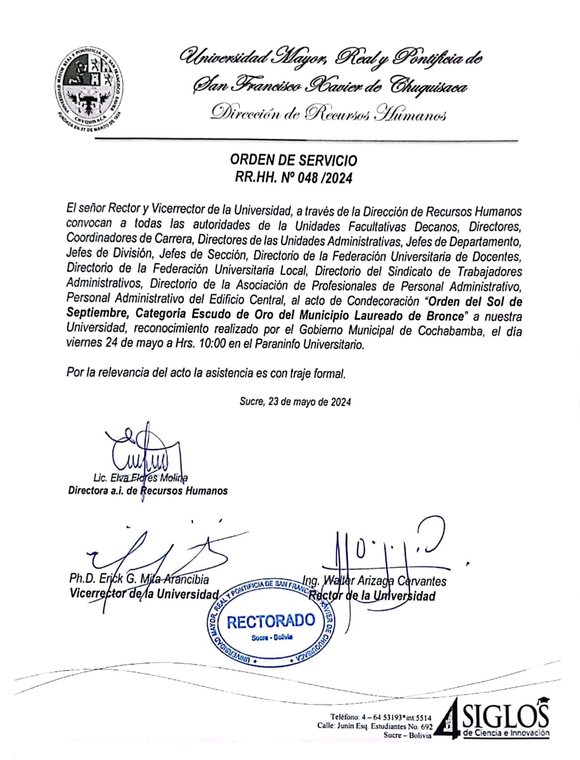 ORDEN DE SERVICIO RR.HH. Nº 048/2024, CONDECORACIÓN GOBIERNO MUNICIPAL DE COCHABAMBA.