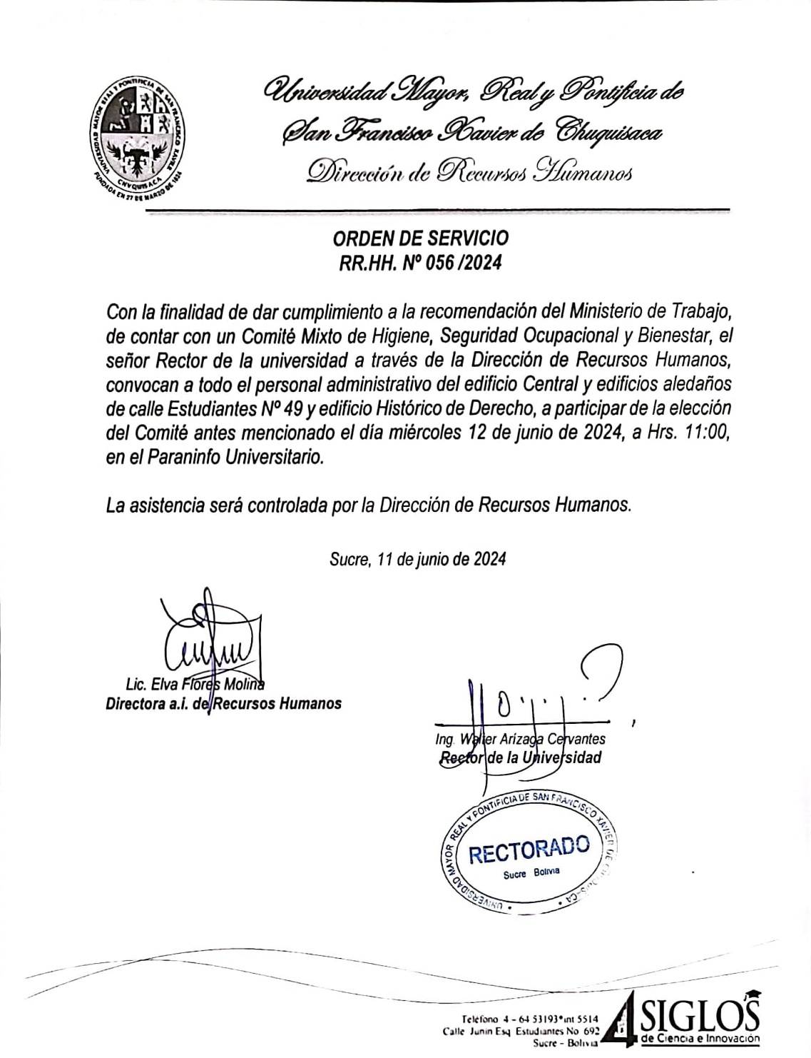 ORDEN DE SERVICIO RR.HH. Nº 056/2024, COMITÉ MIXTO DE HIGIENE Y SEGURIDAD OCUPACIONAL