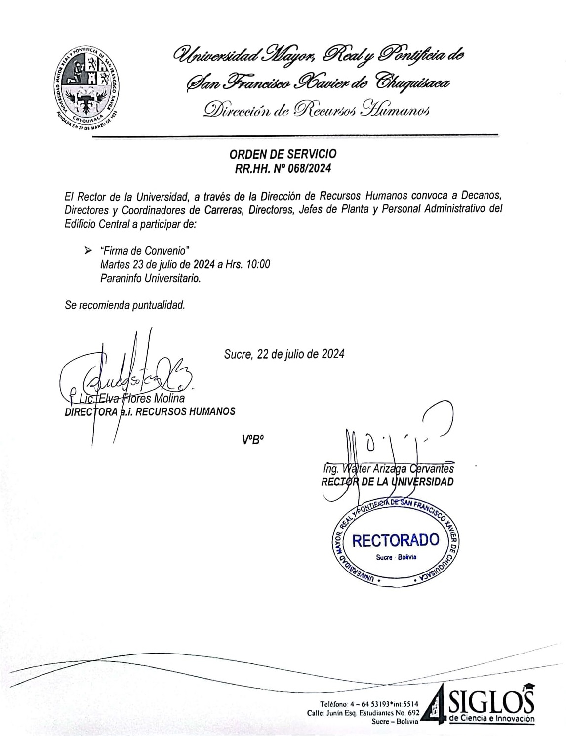ORDEN DE SERVICIO Nº 068/2024, FIRMA DE CONVENIO INTERINSTITUCIONAL 23 DE JULIO DEL 2024