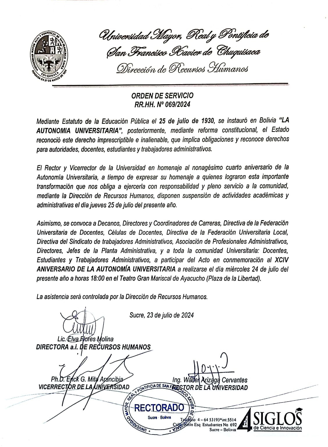 ORDEN DE SERVICIO Nº 069/2024, CONMEMORACIÓN AL XCIV ANIVERSARIO DE LA AUTONOMÍA UNIVERSITARIA.