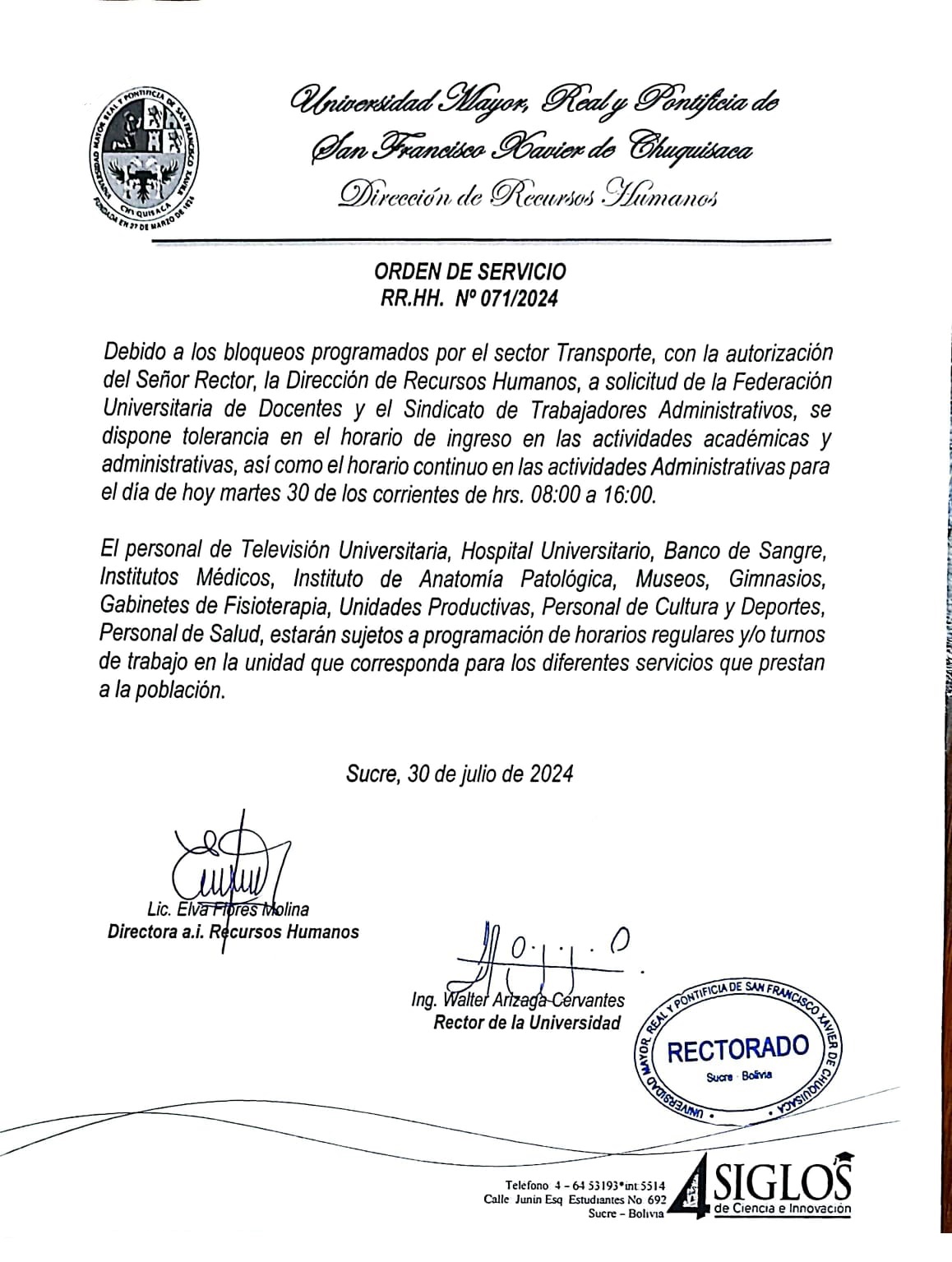 ORDEN DE SERVICIO Nº 071/2024, TOLERANCIA HORARIO DE INGRESO Y HORARIO CONTINUO 30 DE JULIO 2024.