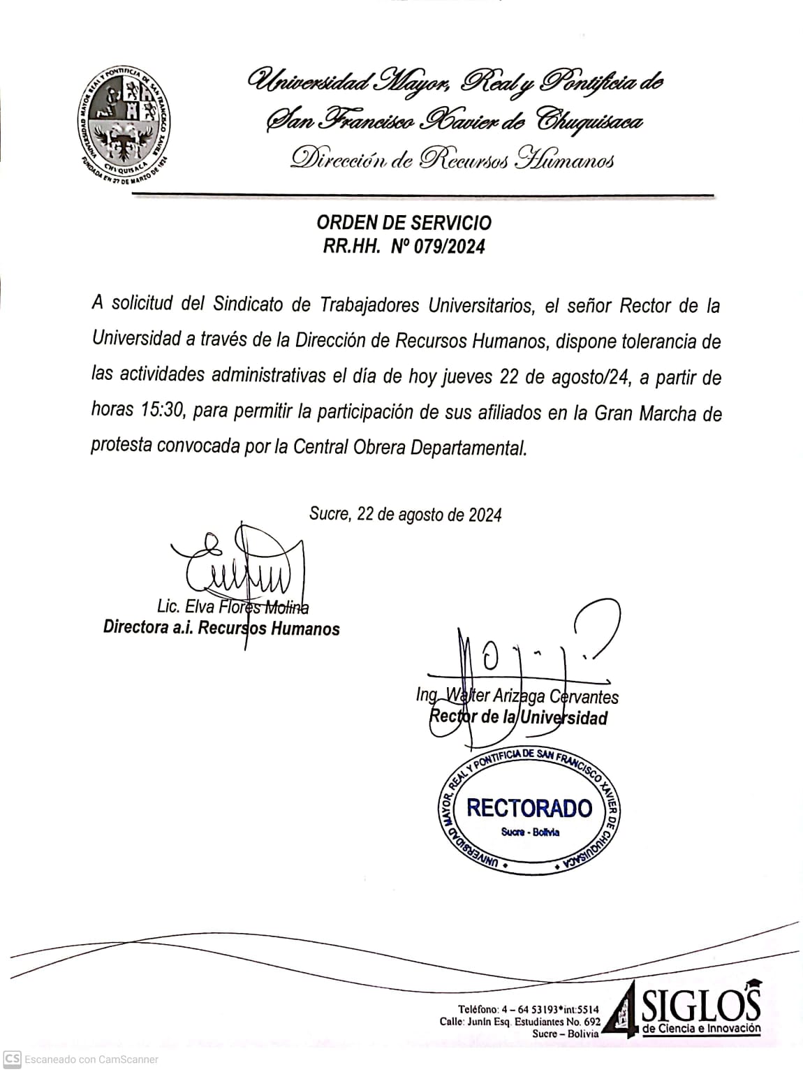 ORDEN DE SERVICIO RR.HH Nº 079/2024, TOLERANCIA ACTIVIDADES ADMINISTRATIVAS