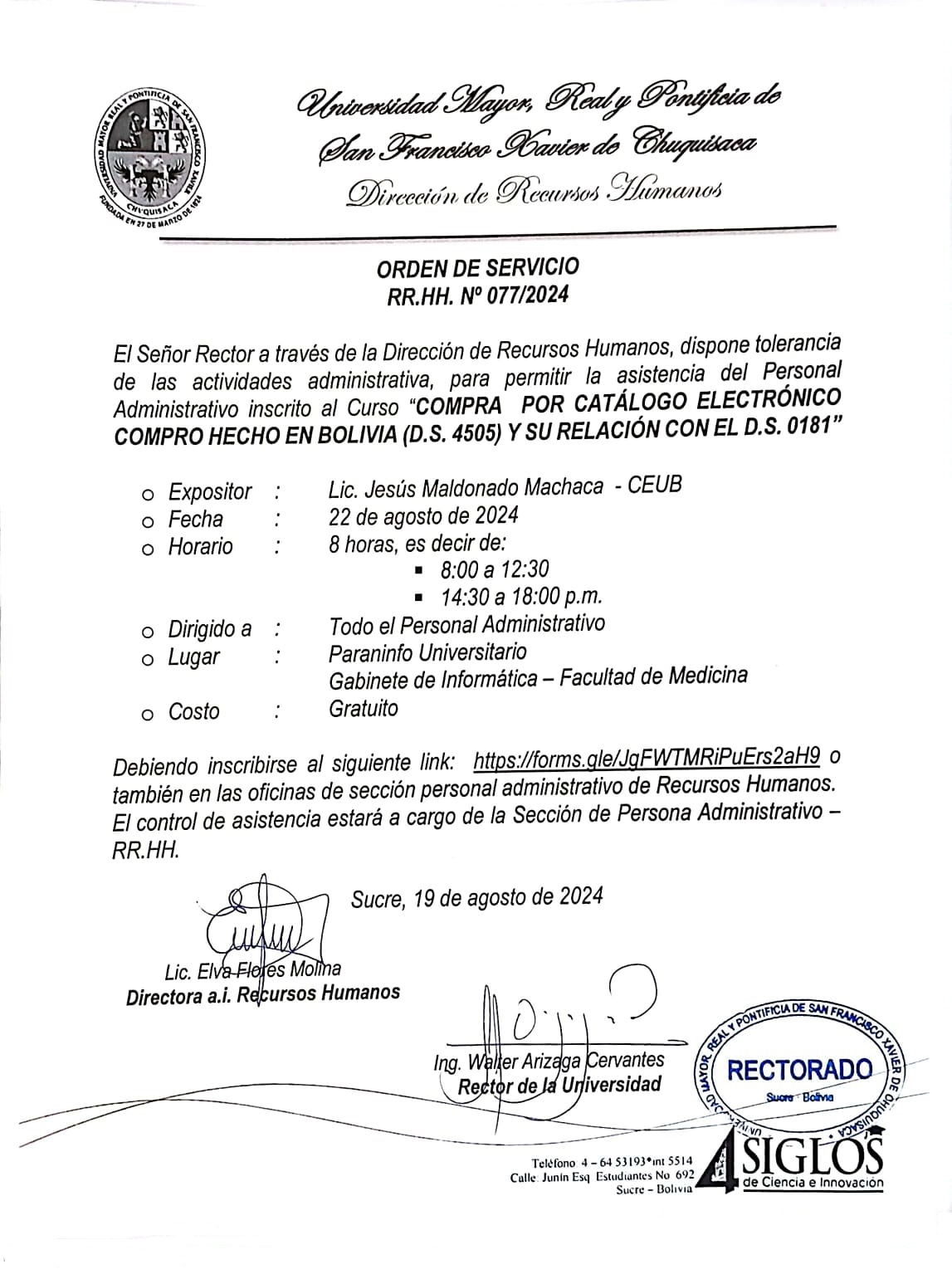 ORDEN DE SERVICIO RR.HH. Nº 077/2024, CURSO COMPRAS POR CATALOGO ELECTRÓNICO COMPRO HECHO EN BOLIVIA.