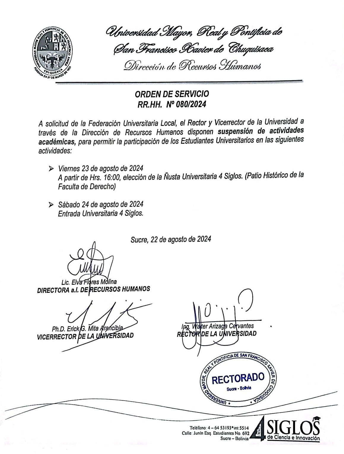 ORDEN DE SERVICIO Nº 080/2024, SUSPENSIÓN DE ACTIVIDADES ACADÉMICAS ELECCIÓN ÑUSTA Y ENTRADA UNIVERSITARIA.