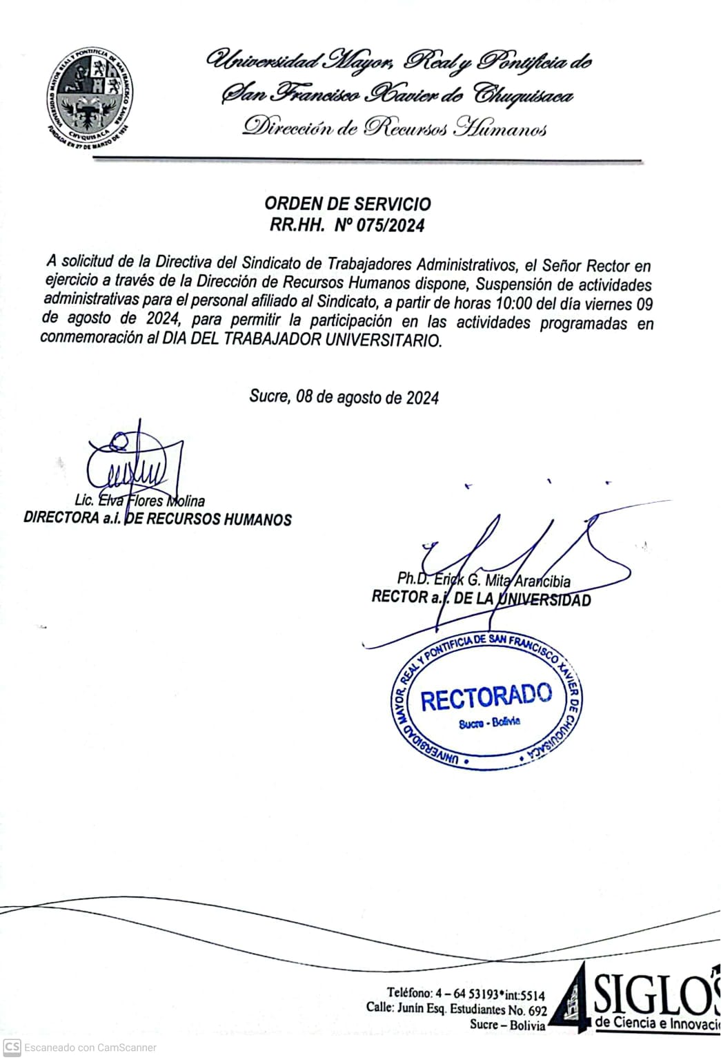 ORDEN DE SERVICIO RR.HH. Nº 075/2024 SUSPENSIÓN DE ACTIVIDADES ADMINISTRATIVAS, POR EL DÍA DEL TRABAJADOR ADMINISTRATIVO