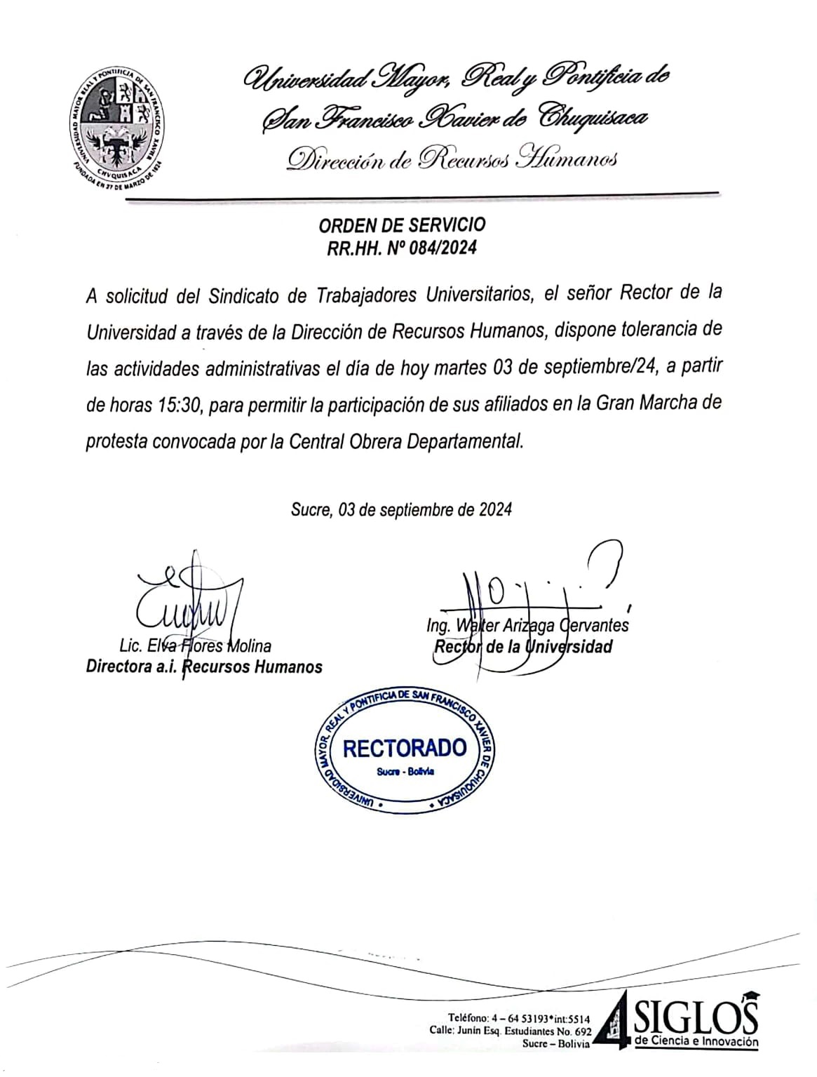 ORDEN DE SERVICIO Nº 084/2024, TOLERANCIA ACTIVIDADES ADMINISTRATIVAS MARCHA COD 03 SEP. 2024