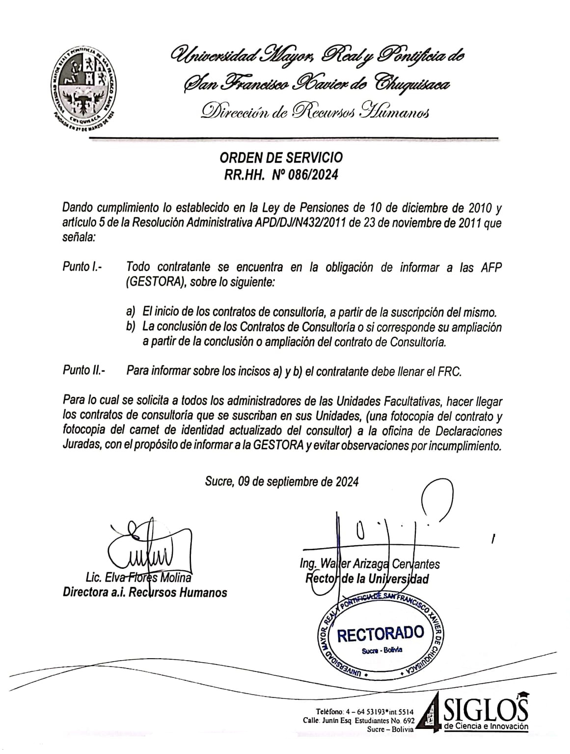 ORDEN DE SERVICIO RR.HH. Nº 086/2024, ADMINISTRADORES HACER LLEGAR CONTRATOS DE CONSULTORÍA.