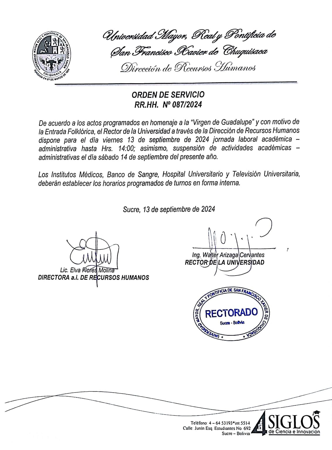 ORDEN DE SERVICIO RR.HH. Nº 087/2024, JORNADA LABORAL ACADÉMICA Y ADMINISTRATIVA 13 Y 14 DE SEPTIEMBRE DEL 2024.