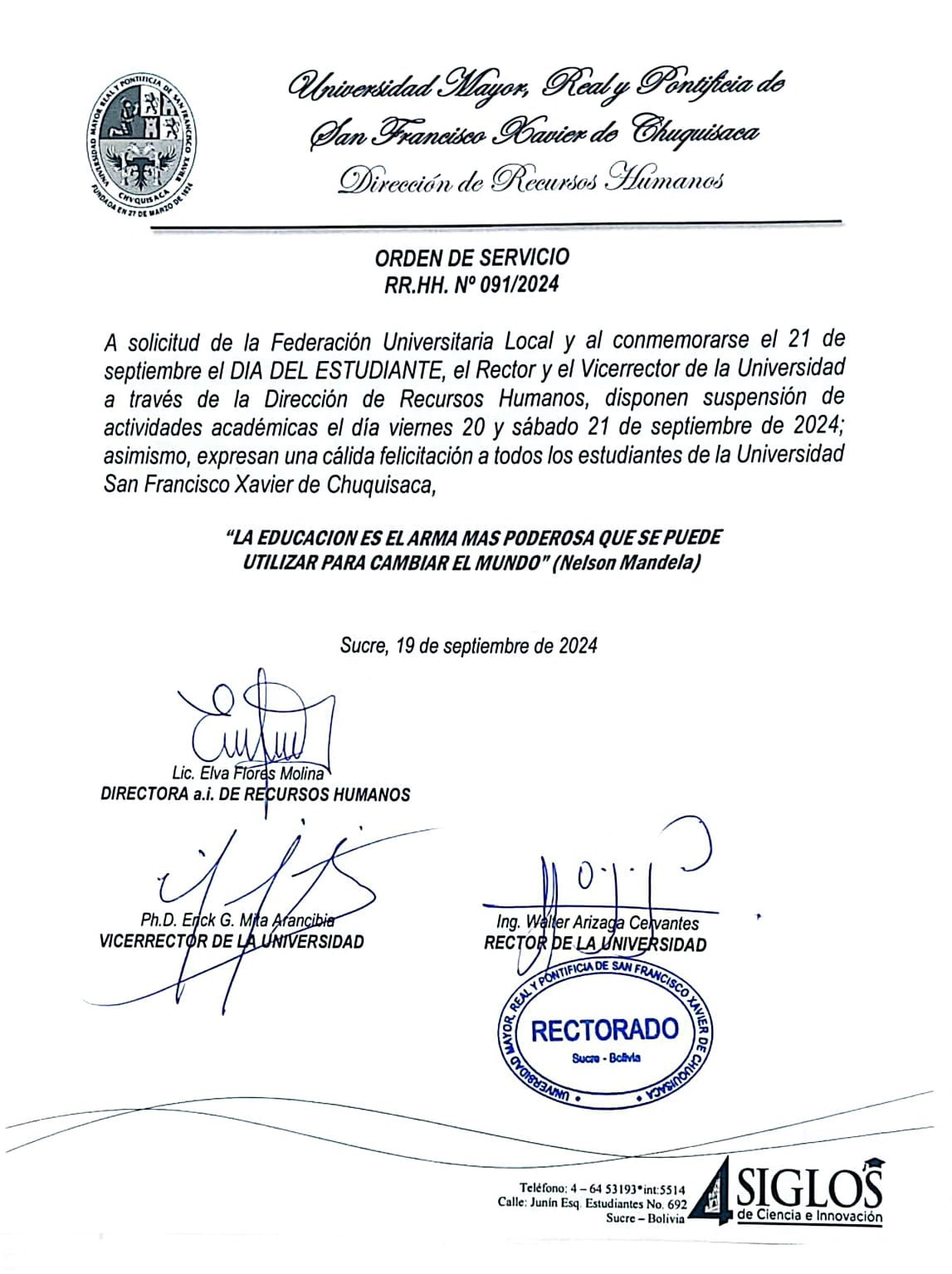 ORDEN DE SERVICIO RR.HH. Nº 091/2024 SUSPENSIÓN DE ACTIVIDADES ACADÉMICAS DÍA DEL ESTUDIANTE 2024.