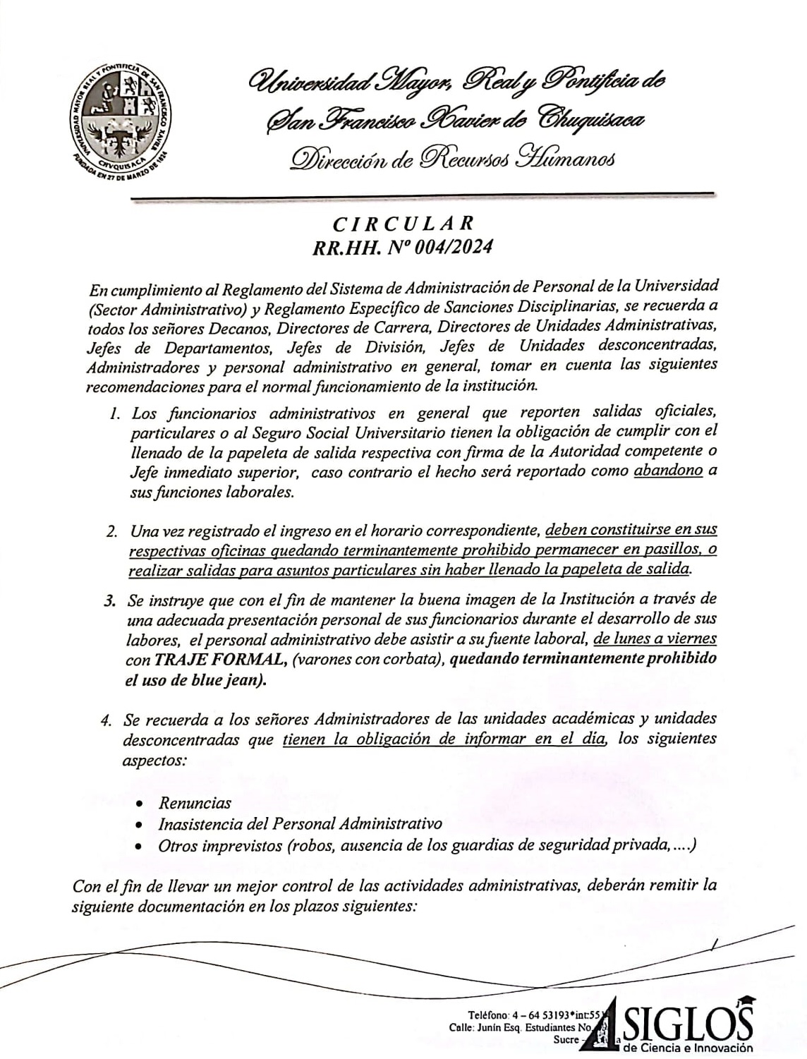 CIRCULAR RR.HH. Nº 004/2024, CUMPLIMIENTO AL REGLAMENTO DEL SISTEMA DE ADMINISTRACIÓN DE PERSONAL