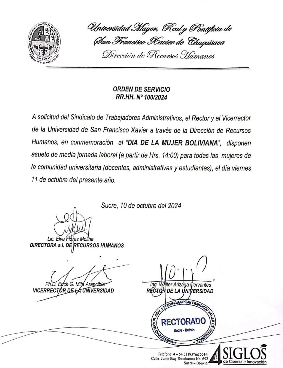 ORDEN DE SERVICIO RR.HH. Nº 100/2024, DÍA DE LA MUJER BOLIVIANA, 11 DE OCTUBRE DEL 2024.