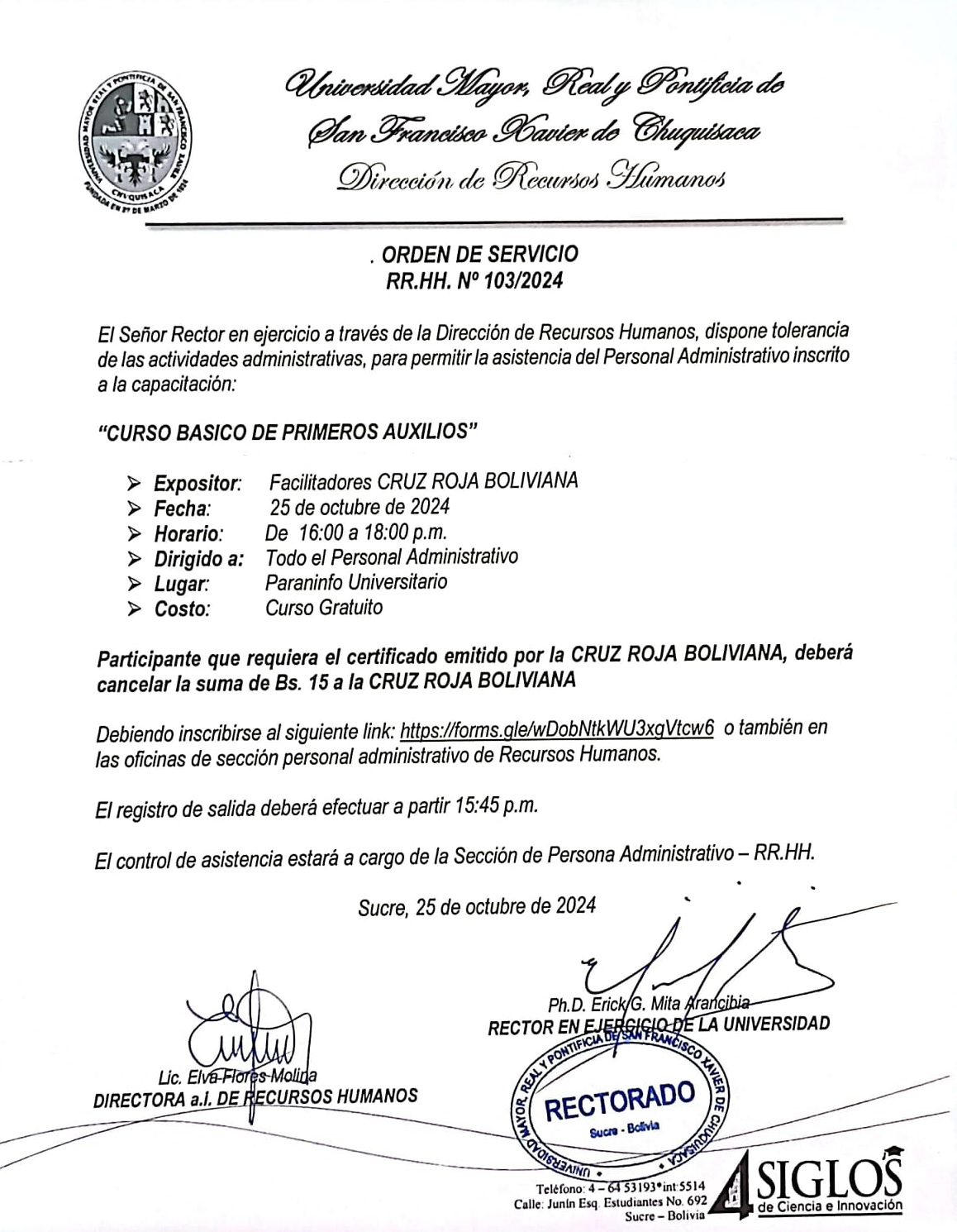 ORDEN DE SERVICIO RR.HH. Nº 103/2024, CURSO BÁSICO DE PRIMEROS AUXILIOS 25 DE OCTUBRE DEL 2024.