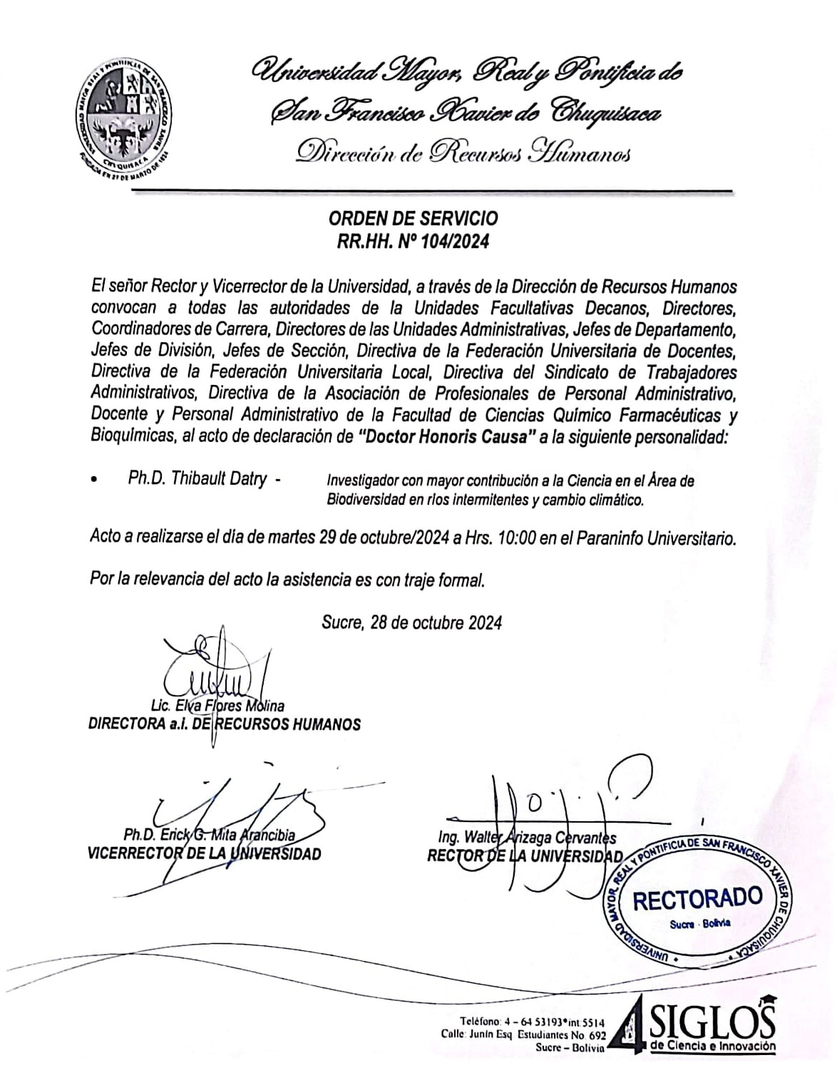 ORDEN DE SERVICIO RR.HH. Nº 104/2024, DOCTOR HONORIS CAUSA Ph.D. THIBAULT DATRY. 29 DE OCTUBRE 2024.