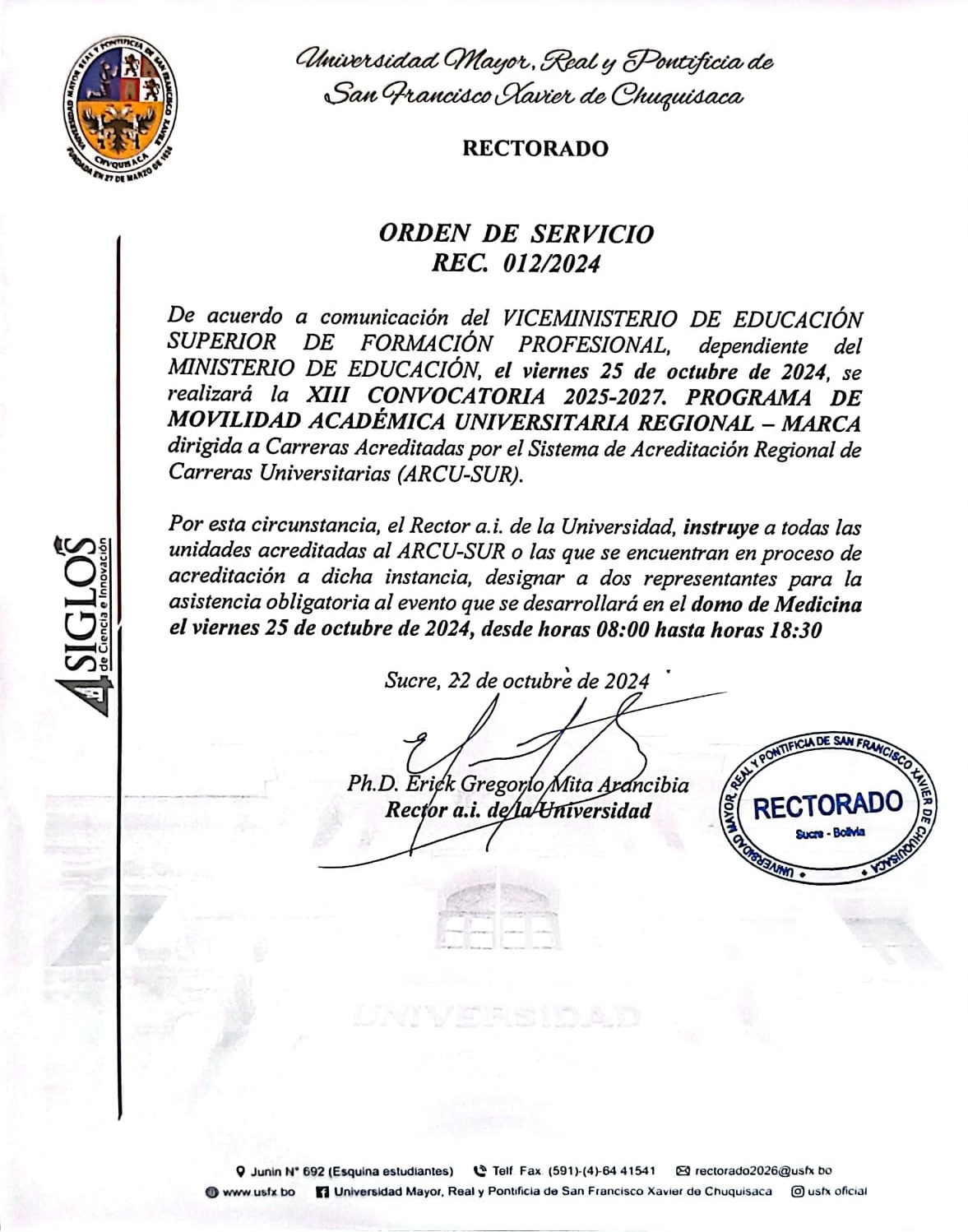 ORDEN DE SERVICIO REC. 012/2024,  XIII CONVOCATORIA 2025-2027, PROGRAMA DE MOVILIDAD ACADÉMICA UNIVERSITARIA REGIONAL – MARCA