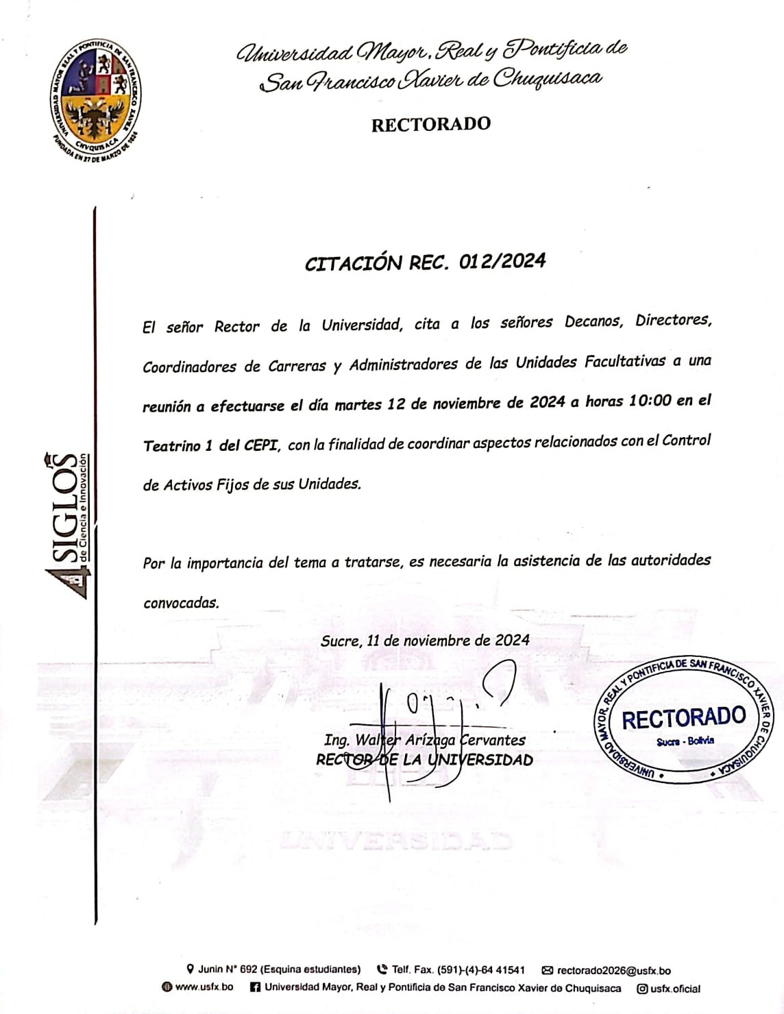 ORDEN DE SERVICIO REC. 012/2024, CITACIÓN DECANOS, DIRECTORES Y ADMINISTRADORES 12 DE NOVIEMBRE DEL 2024.