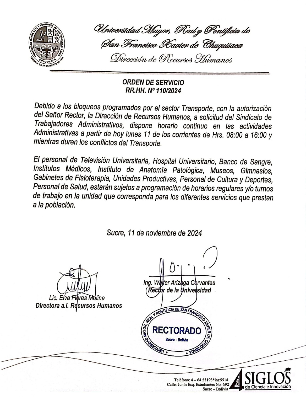 ORDEN DE SERVICIO RR.HH. Nº 110/2024, HORARIO CONTINUO ACTIVIDADES ADMINISTRATIVAS LUNES 11 DE NOVIEMBRE 2024.