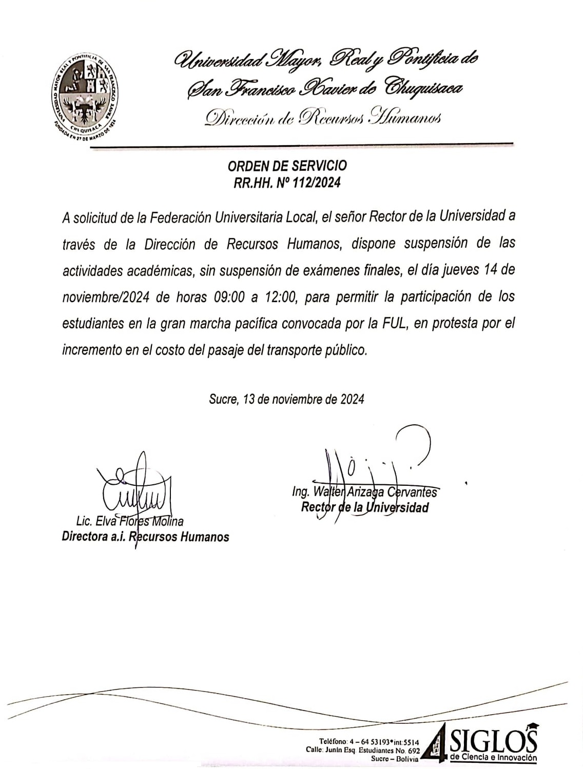 ORDEN DE SERVICIO RR.HH. Nº 112/2024, SUSPENSIÓN EN ACTIVIDADES ACADÉMICAS, MARCHA CONVOCADA POR LA FUL.