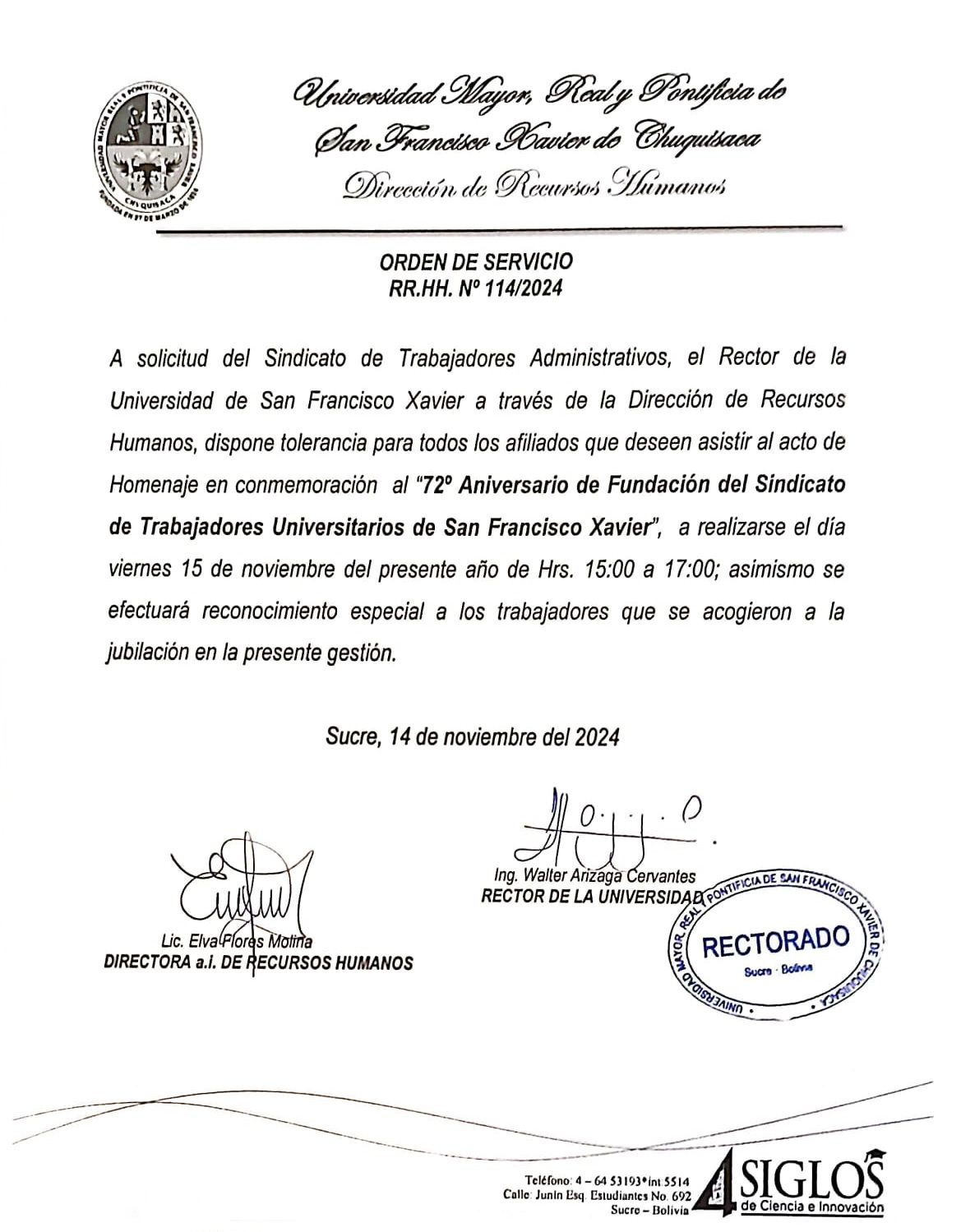 ORDEN DE SERVICIO RR.HH. Nº 114/2024, TOLERANCIA PARA LOS ASISTENTES AL ACTO DE LOS 72 ANIVERSARIO DEL STUSFX.