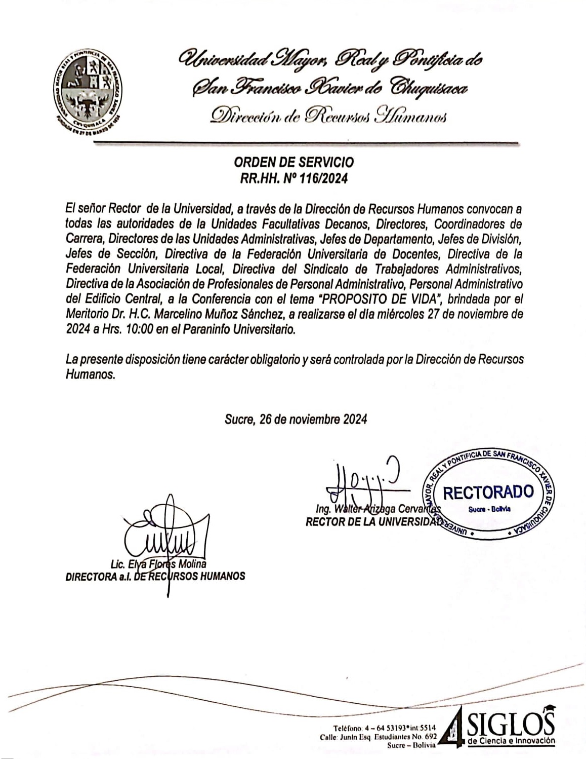 ORDEN DE SERVICIO RR.HH. Nº 116/2024, CONFERENCIA PROPOSITO DE VIDA, BRINDADA POR EL DR.H.C. MARCELINO MUÑOZ.