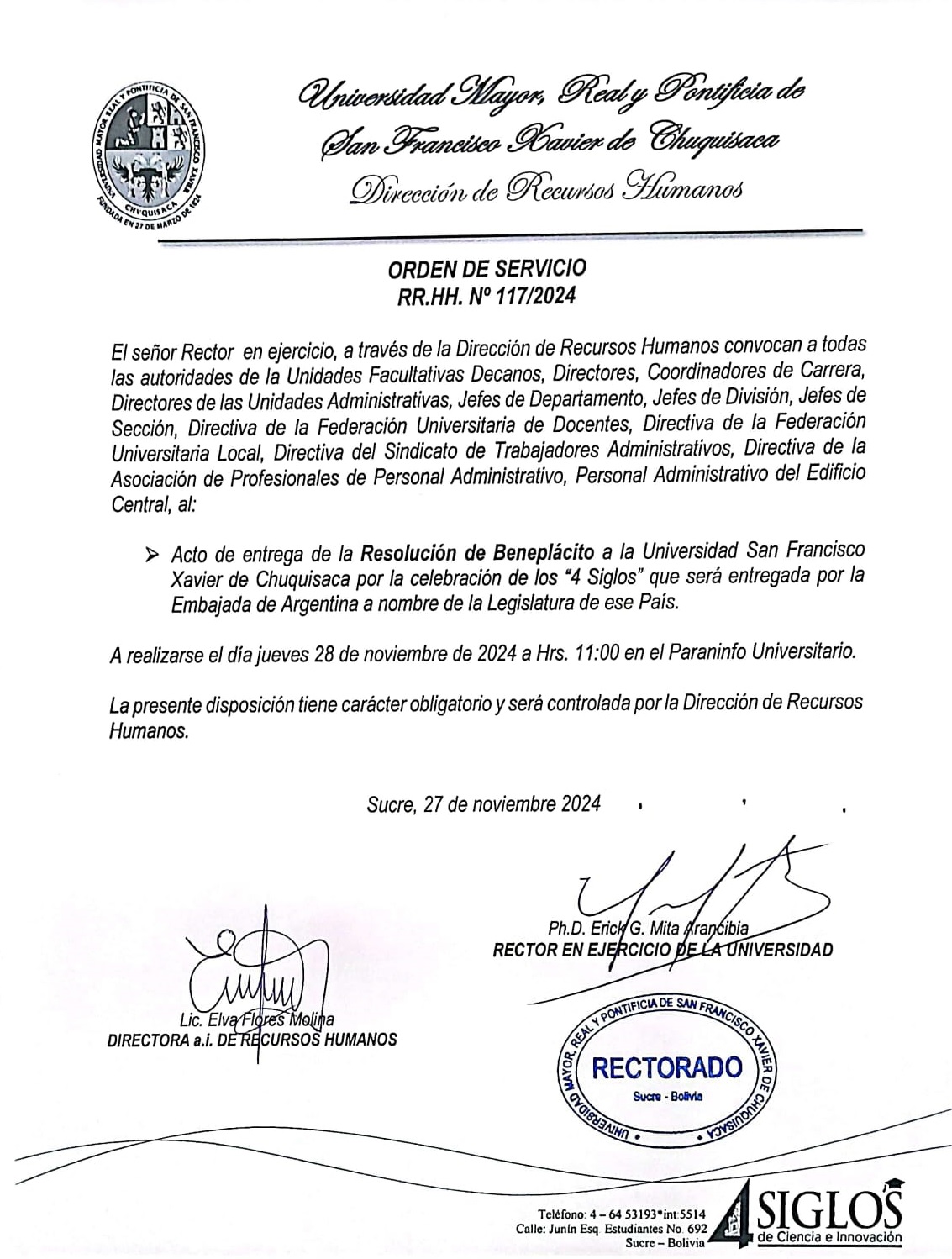 ORDEN DE SERVICIO RR.HH. Nº 117/2024, ACTO DE ENTREGA DE LA RESOLUCIÓN DE BENEPLÁCITO A LA UMRPSFXCH EN CELEBRACIÓN DE SUS 4 SIGLOS