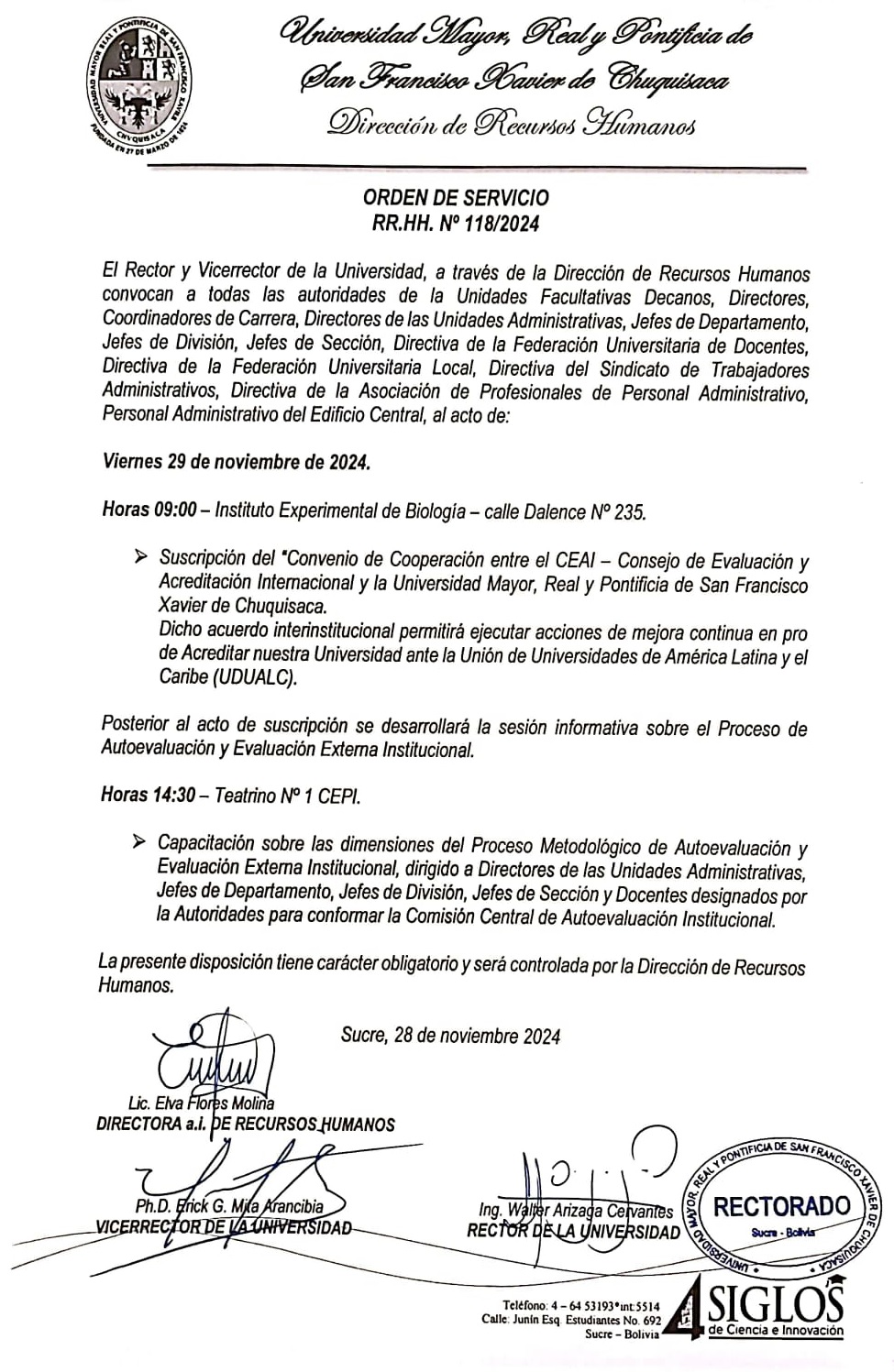 ORDEN DE SERVICIO RR.HH. Nº 118/2024, SUSCRIPCIÓN DEL CONVENIO DE COOPERACIÓN ENTRE EL CEAI Y AL UMRPSFXCH