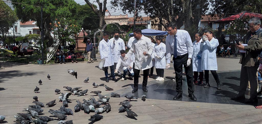 Docentes y estudiantes de la carrera de Laboratorio Clínico:  Realizan la desparasitación de las palomas de la ciudad de Sucre