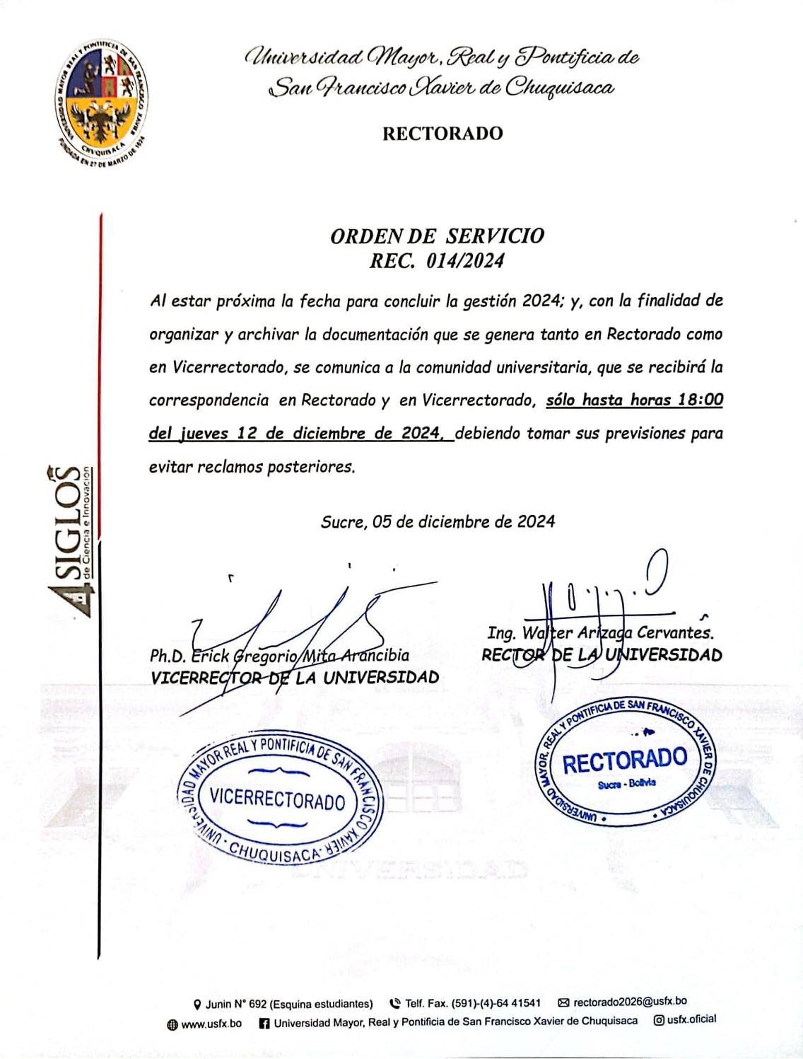 ORDEN DE SERVICIO RECTORAL. Nº 014/2024, RECEPCIÓN DE DOCUMENTACIÓN RECTORADO Y VICERRECTORADO.