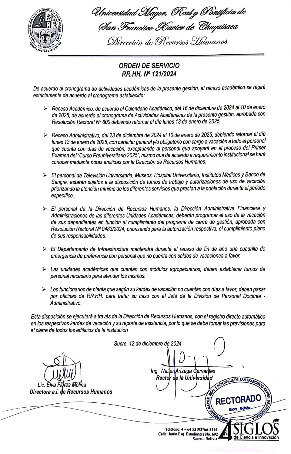 ORDEN DE SERVICIO RR.HH. Nº 121/2024, CRONOGRAMA RECESO ACADÉMICO Y RECESO ADMINISTRATIVO