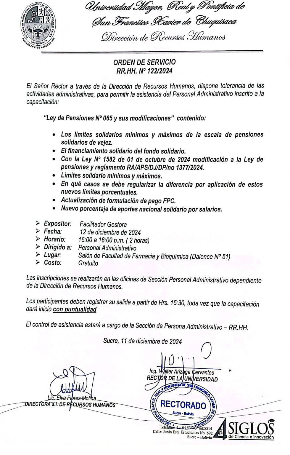 ORDEN DE SERVICIO RR.HH. Nº 122/2024, TOLERANCIA PERSONAL ADMINISTRATIVO PARA ASISTENCIA A LA CAPACITACIÓN «LEY DE PENSIONES Nº 65 Y SUS MODIFICACIONES»