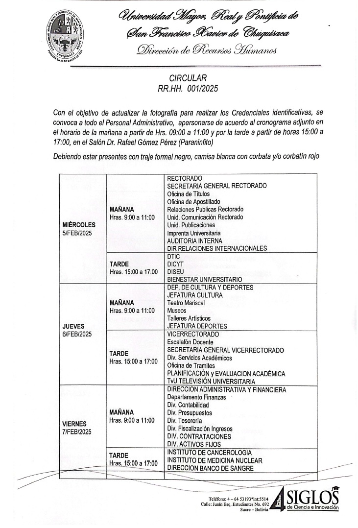 CIRCULAR RR.HH. Nº 001/2025, ACTUALIZACIÓN DE FOTOGRAFÍAS PARA CREDENCIALES 2025.