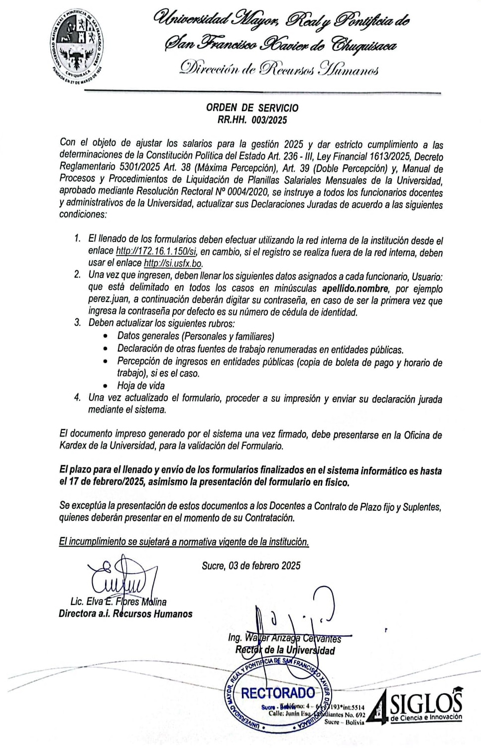 ORDEN DE SERVICIO RR.HH. Nº 003/2025, ACTUALIZACIÓN DE DECLARACIONES JURADAS ANTE LA UNIVERSIDAD 2025.