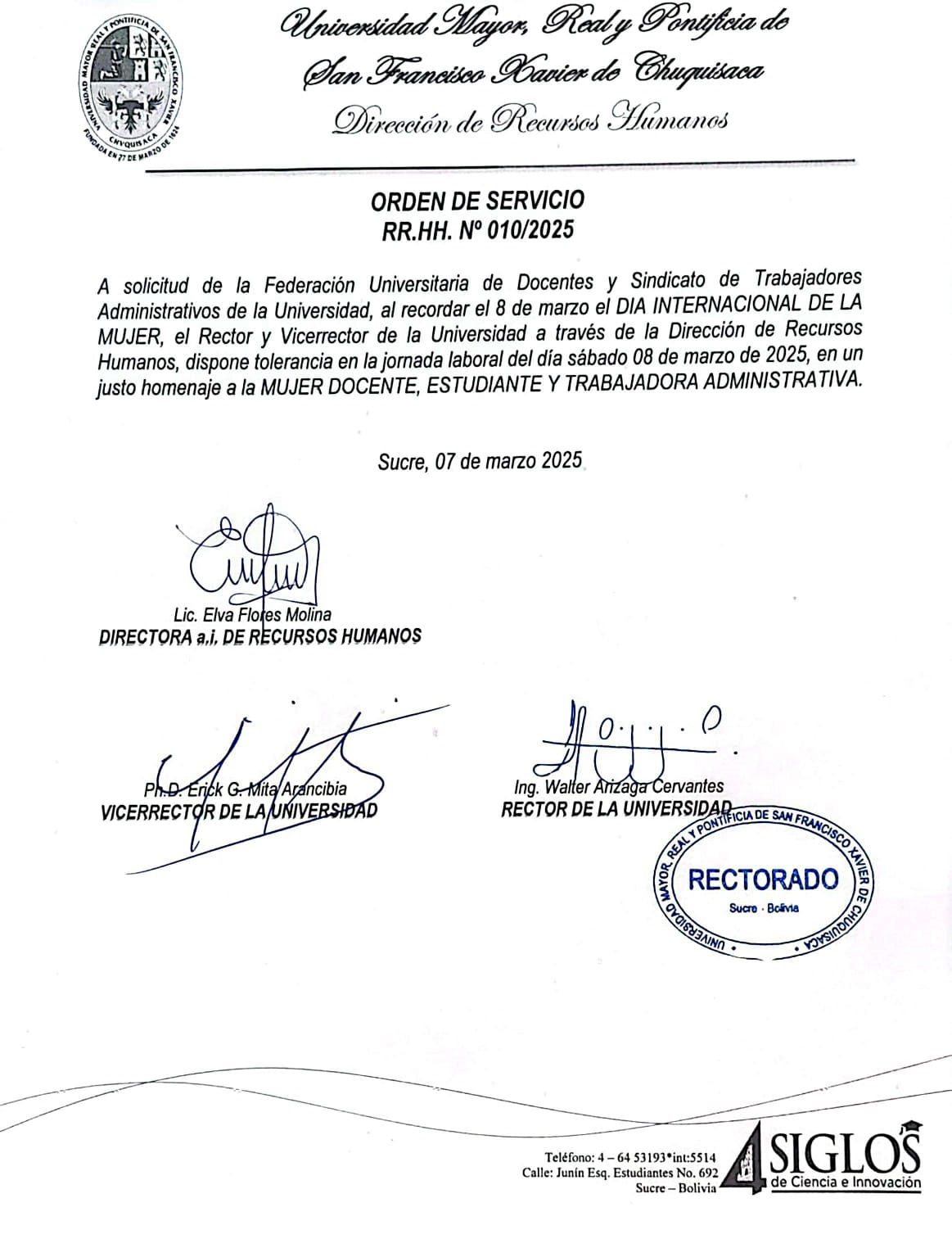 ORDEN DE SERVICIO RR.HH. Nº 010/2025, TOLERANCIA DÍA INTERNACIONAL DE LA MUJER 2025.