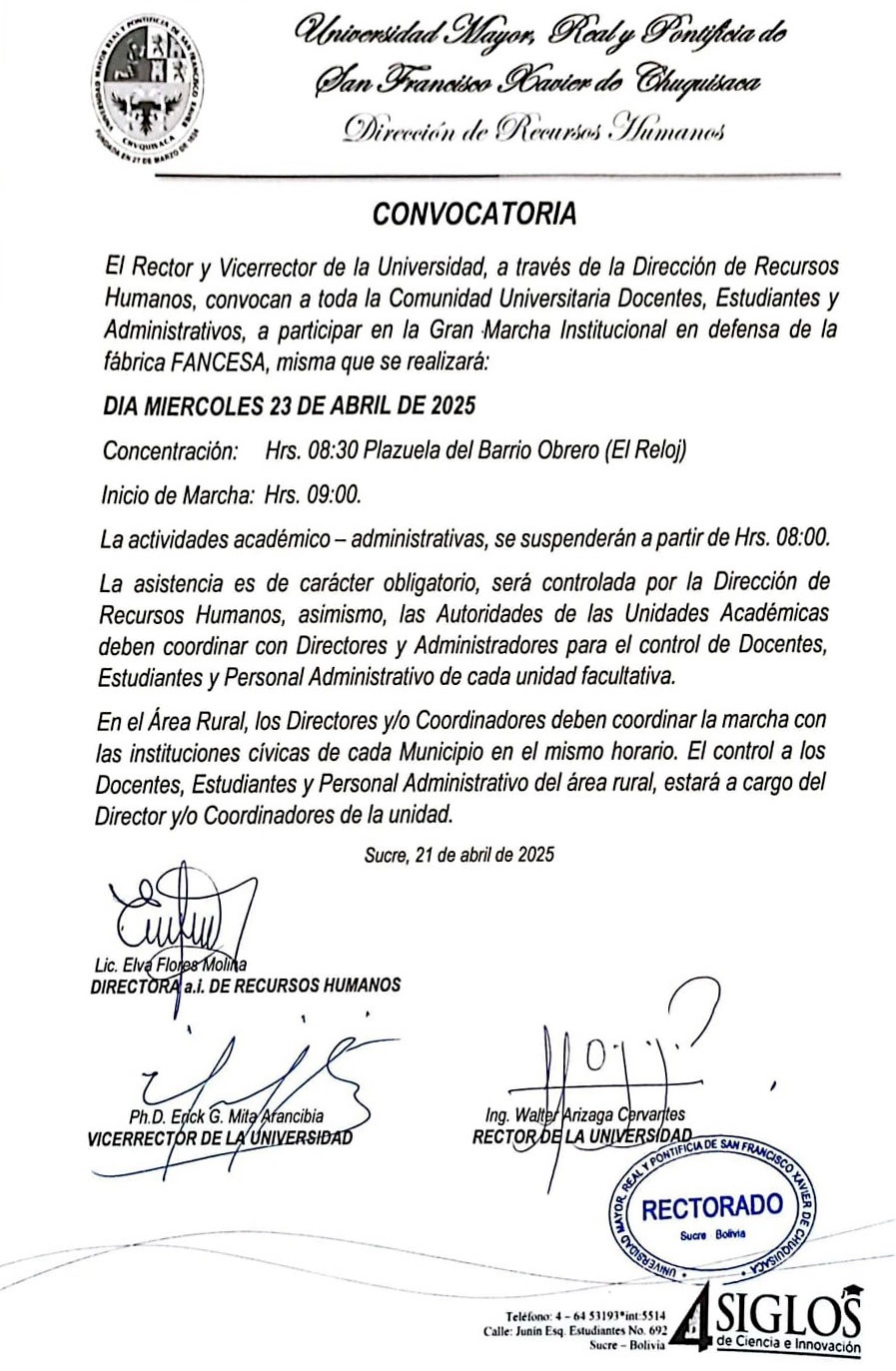 CONVOCATORIA COMUNIDAD UNIVERSITARIA A LA GRAN MARCHA INSTITUCIONAL EN DEFENSA DE FANCESA 23 DE ABRIL DEL 2025.