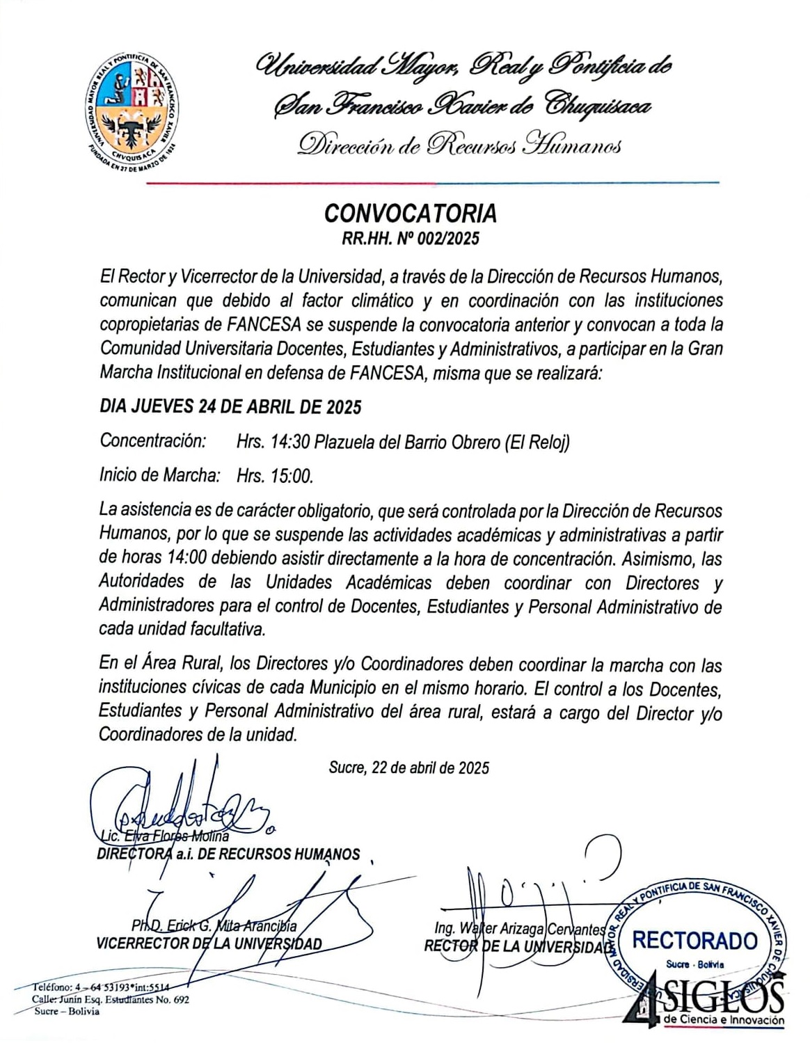 CONVOCATORIA COMUNIDAD UNIVERSITARIA A LA GRAN MARCHA INSTITUCIONAL EN DEFENSA DE FANCESA 24 DE ABRIL DEL 2025.
