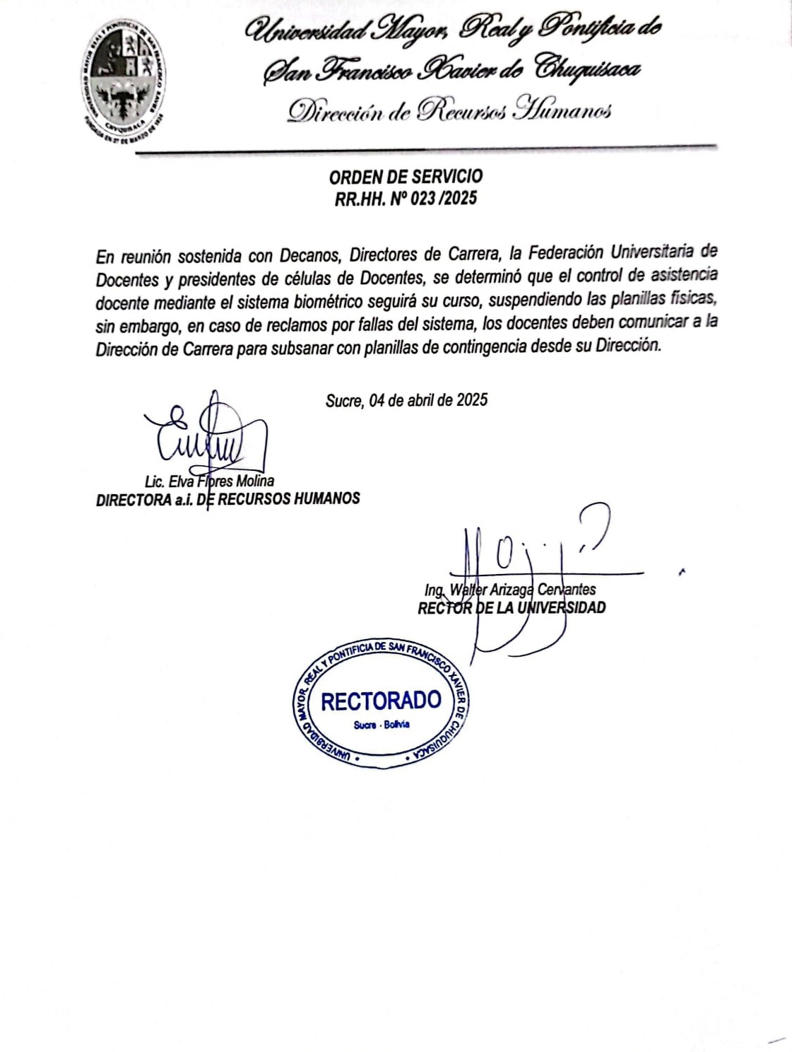 ORDEN DE SERVICIO RR.HH. Nº 023/2025, CONTROL DE ASISTENCIA BIOMÉTRICO SIGUE EN CURSO Y PLANILLAS DE CONTINGENCIA 2025.