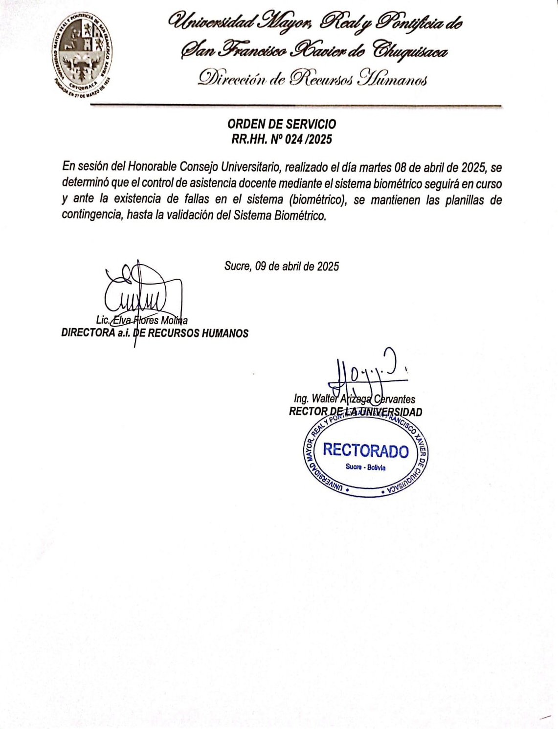 ORDEN DE SERVICIO RR.HH. Nº 024/2025, SISTEMA DE CONTROL BIOMÉTRICO SIGUE EN CURSO, SE MANTIENEN LAS PLANILLAS DE CONTINGENCIA.