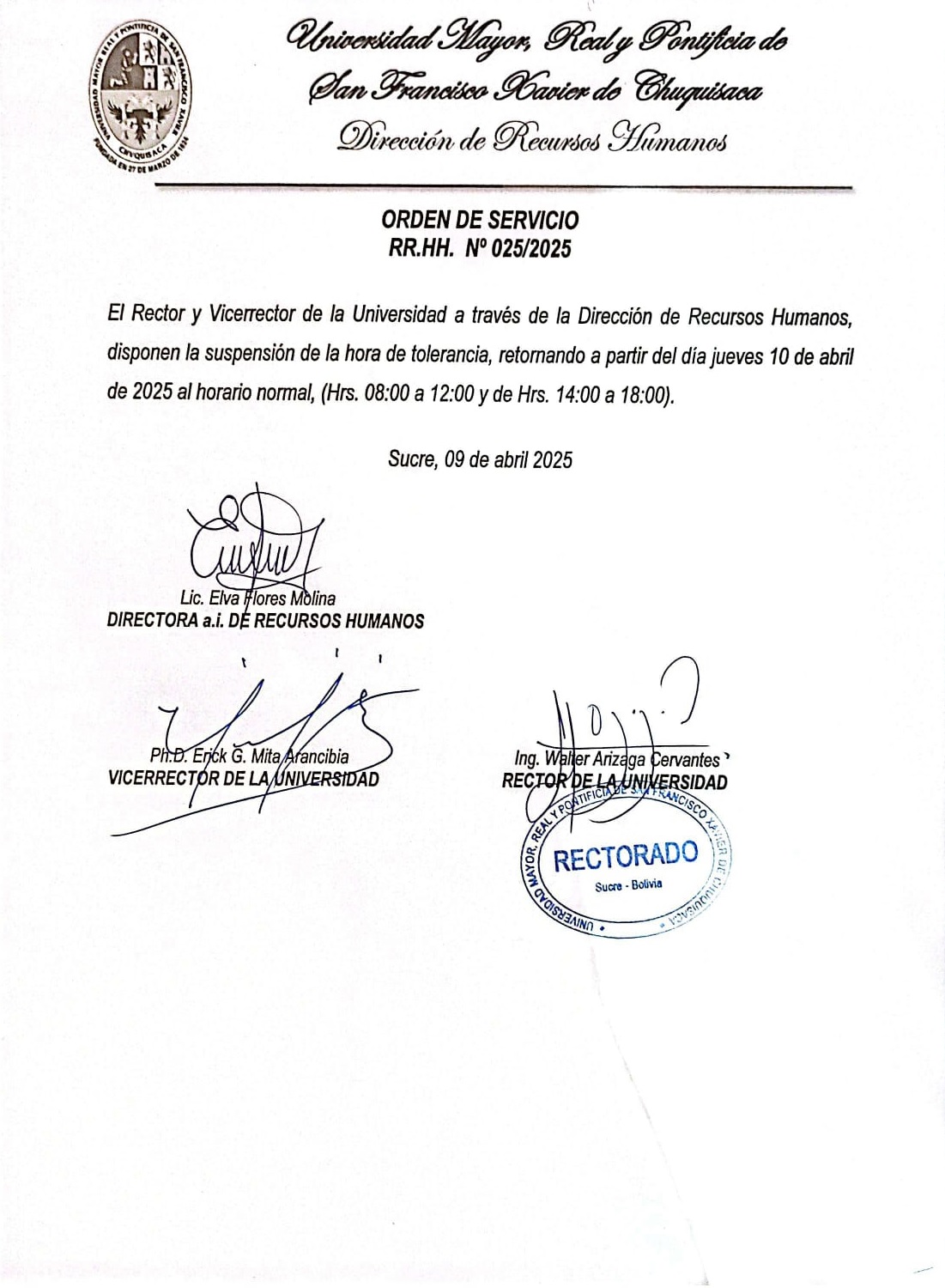 ORDEN DE SERVICIO RR.HH. Nº 025/2025, SUSPENSIÓN DE TOLERANCIA EN EL HORARIO DE INGRESO ADMINISTRATIVO.