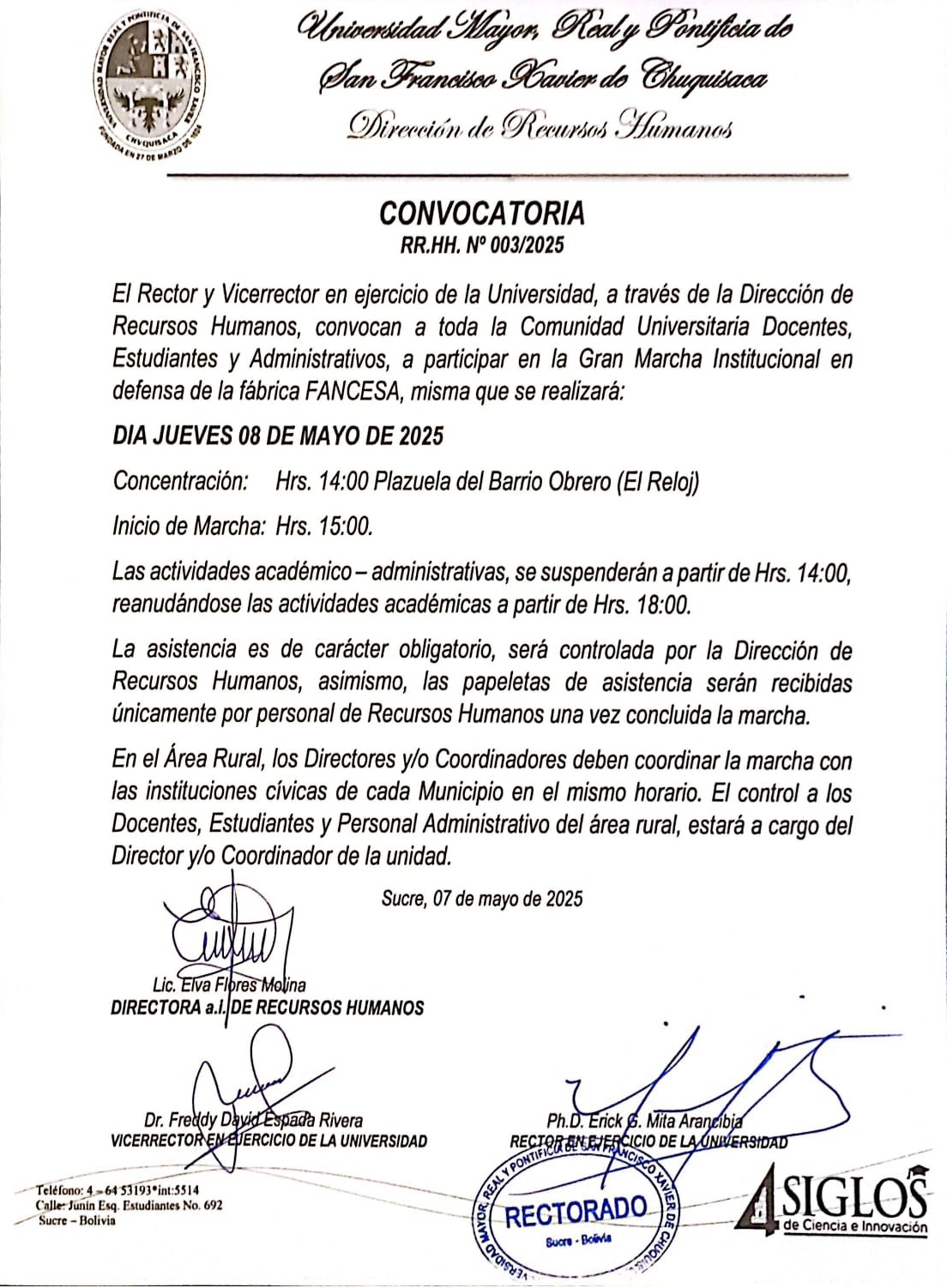 CONVOCATORIA COMUNIDAD UNIVERSITARIA A LA GRAN MARCHA INSTITUCIONAL EN DEFENSA DE FANCESA 08 DE MAYO DEL 2025.
