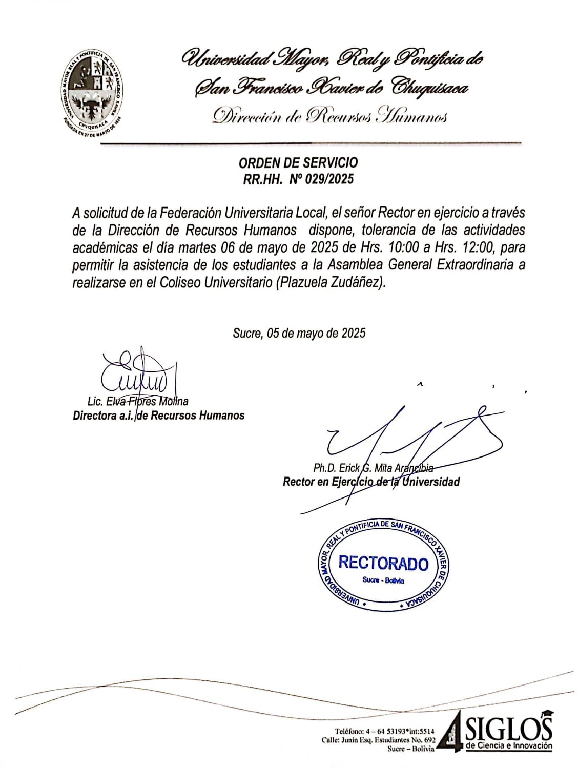 ORDEN DE SERVICIO RR.HH. Nº 029/2025, TOLERANCIA EN ACTIVIDADES ACADÉMICAS, MARTES 6 DE MAYO DEL 2025, ASAMBLEA FUL.