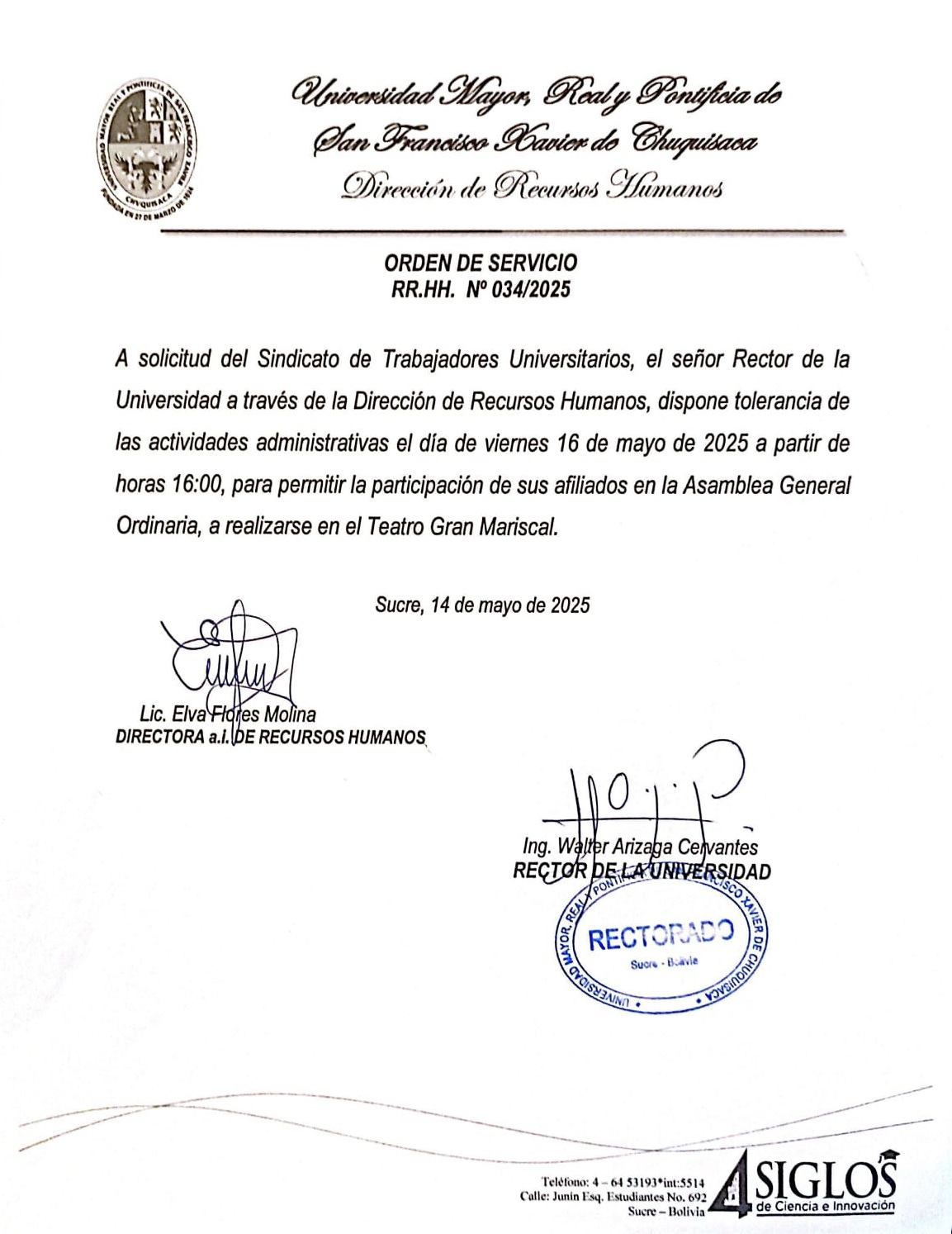 ORDEN DE SERVICIO RR.HH. Nº 034/2025, TOLERANCIA EN ACTIVIDADES ADMINISTRATIVAS POR ASAMBLEA STUSFXCH, 16 DE MAYO DEL 2025.